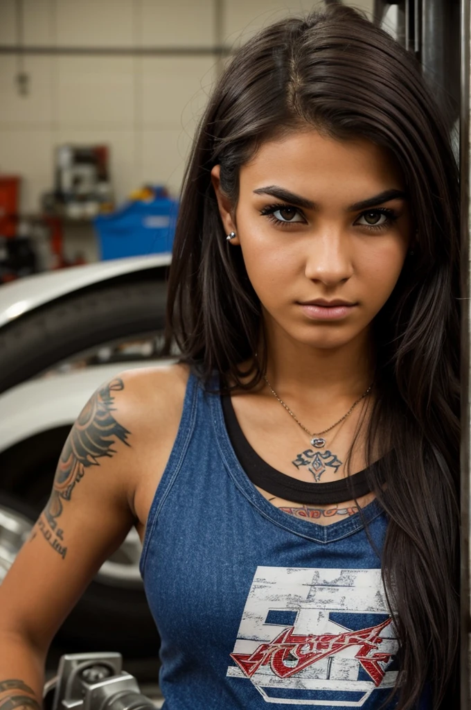 A tough-looking college-age girl with dark brown messy hair, and fair skin, has a nose piercing, an eyebrow piercing, three ear piercings in both ears, tattoos on her arm, and works as a mechanic