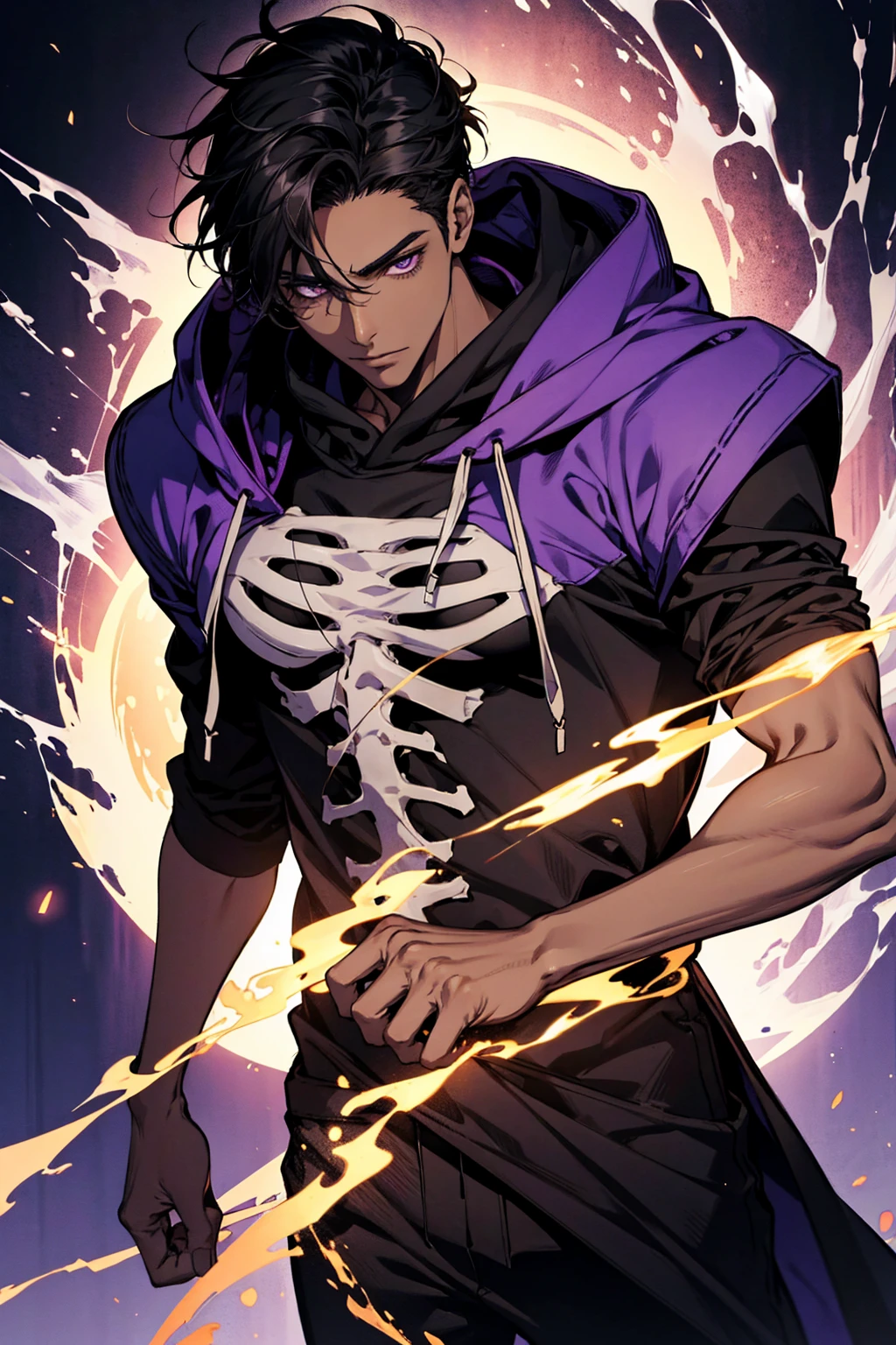 male with bones, looking away from camera, skulls, bones, handsome, black, dark skin, tall, broad shoulders, black hair, purple, purple fire, magic, detailed face, fantasy, hoodie