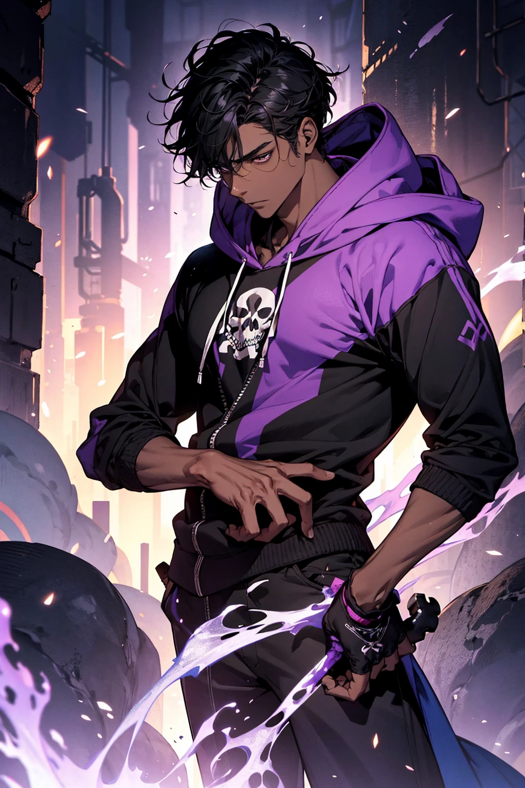 male with bones, looking away from camera, skulls, bones, handsome, black, dark skin, tall, broad shoulders, black hair, purple, purple fire, magic, detailed face, fantasy, hoodie