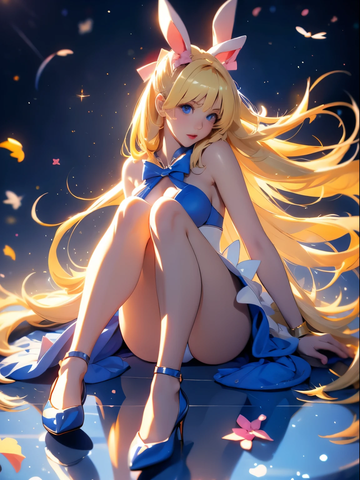 excellent quality, 4k quality, realistic skin tone, blonde hair, blue eyes, bunny ears, rabbit costume, woman, beautiful, bows, heels, kemonomimi, long hair, playboy bunny costume, shoes two bows, two pigtails,