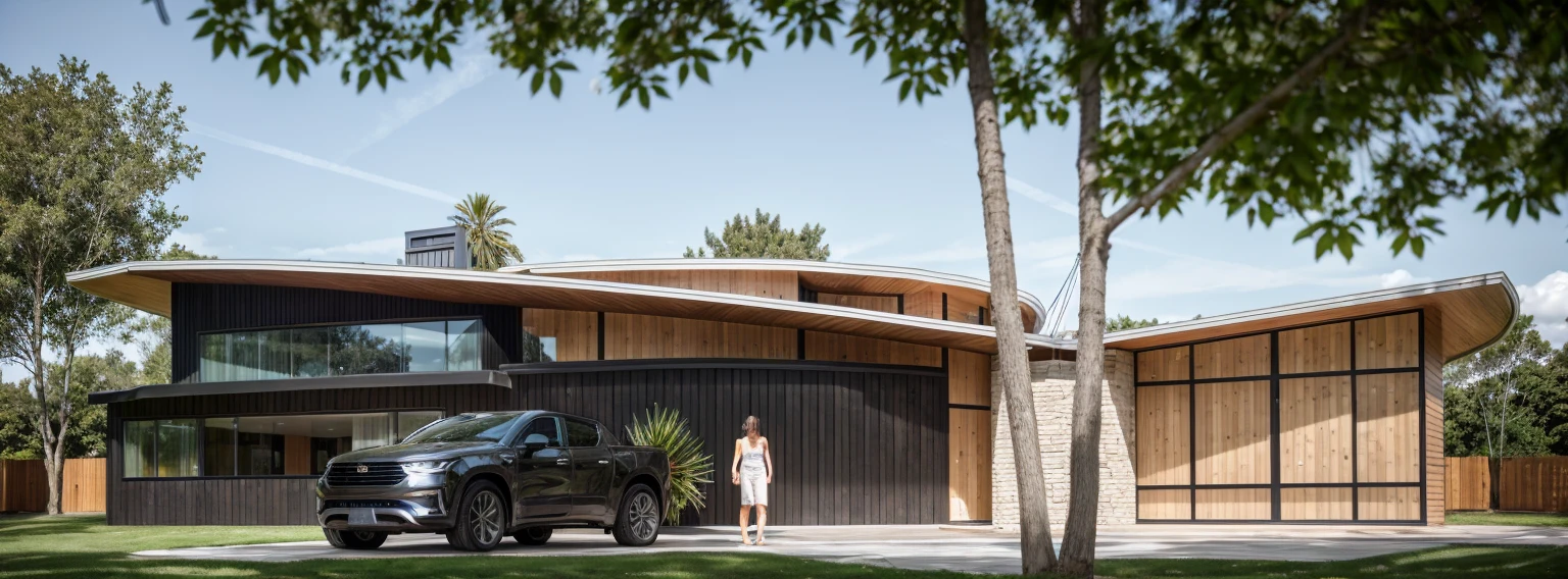 exterior house, contemporary style, colobond cladding wall, wood wall, wood door, aluminium black window frame, glass window, (realistic:1.2), Masterpiece, high quality, best quality, authentic, super detail, outdoors, grass, trees, sky, cloud, (daylight:1.1)