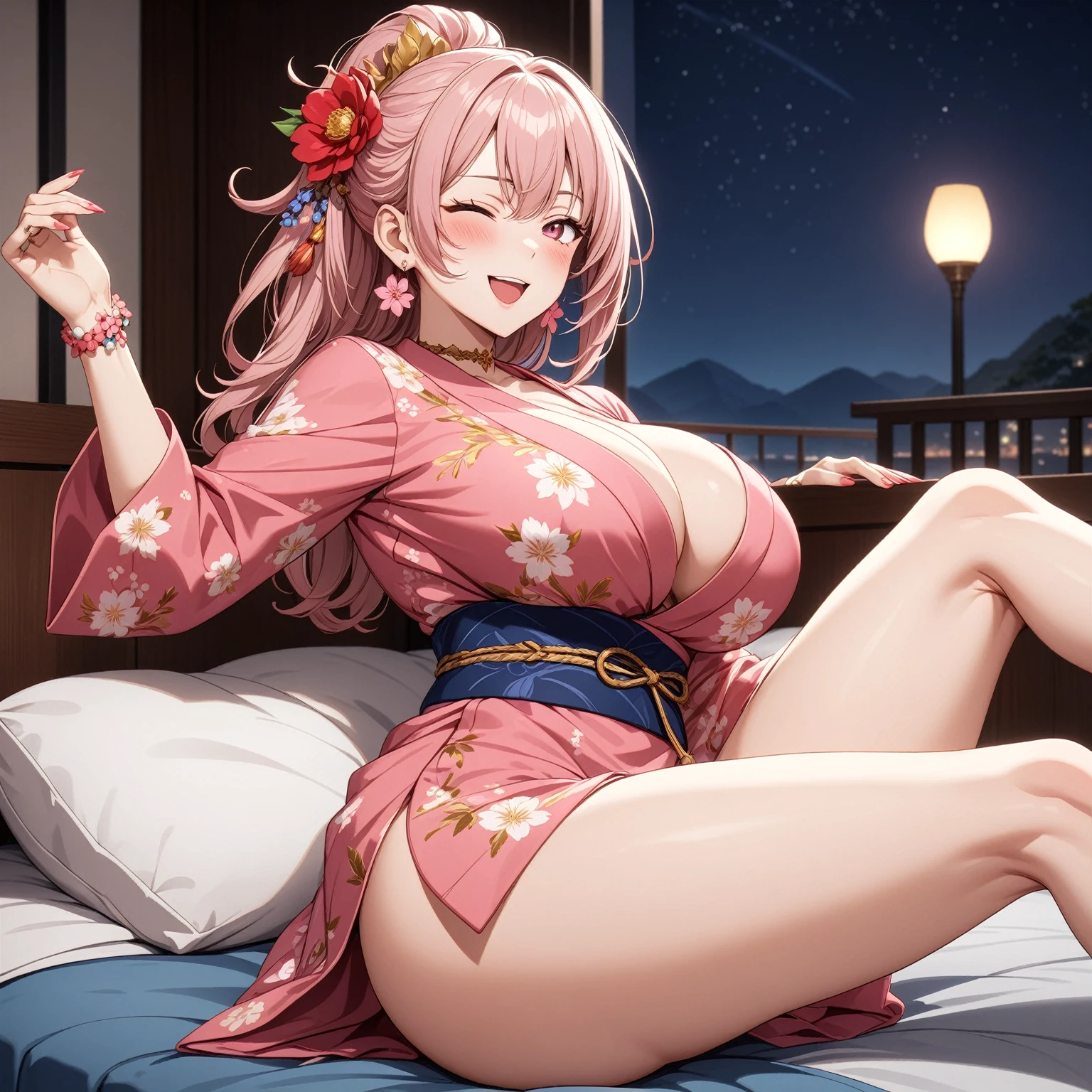 ((one personの女性)), Beautiful Face, Laughing embarrassedly,((Wink:2.0)),((a woman in a sexy pose. She is sitting on a bed with her legs crossed, smiling seductively. Her posture is relaxed yet alluring)),Laughing with your mouth open,((Red cheeks:1.4)),Glossy pink lips,night,night景の見える高級ホテル豪華な装飾,You can see the ocean,((Anime style background)),masterpiece, highest quality, so beautiful, Latest, Complex details, (Pink long nails),(ring),(flower bracelet),Floral choker,AI-generated, Complex,High resolution, highest quality, super high quality,3D Images、View your viewers、3D Images,one person,Long Blonde Hair,High Ponytail,Turquoise Eyes,Anime woman posing for a photo, (Fine grain,Colorful eyes,Shining Eyes:1.5),(Squint your eyes:1.1),a hyperRealistic , hyperRealistic , Realistic,Blonde anime woman with long hair, Smooth anime CG art, A woman in a colorful kimono with gold embroidery, (Pink kimono),Red floral pattern,Long flower hair ornament,Large floral earrings,(ring),(Big Breasts:1.1),Mature Body,Tall,Big Ass,Narrow waist,Abdominal muscles,(Zoom in on face:1.1),