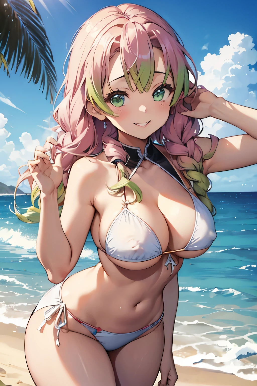 (8K、masterpiece、Highly detailed background、high resolution)、(mitsuri kanroji)、Cleavage、(beach、White Bikini、Gravure pose、Embarrassed smile、Nipple protrusion)