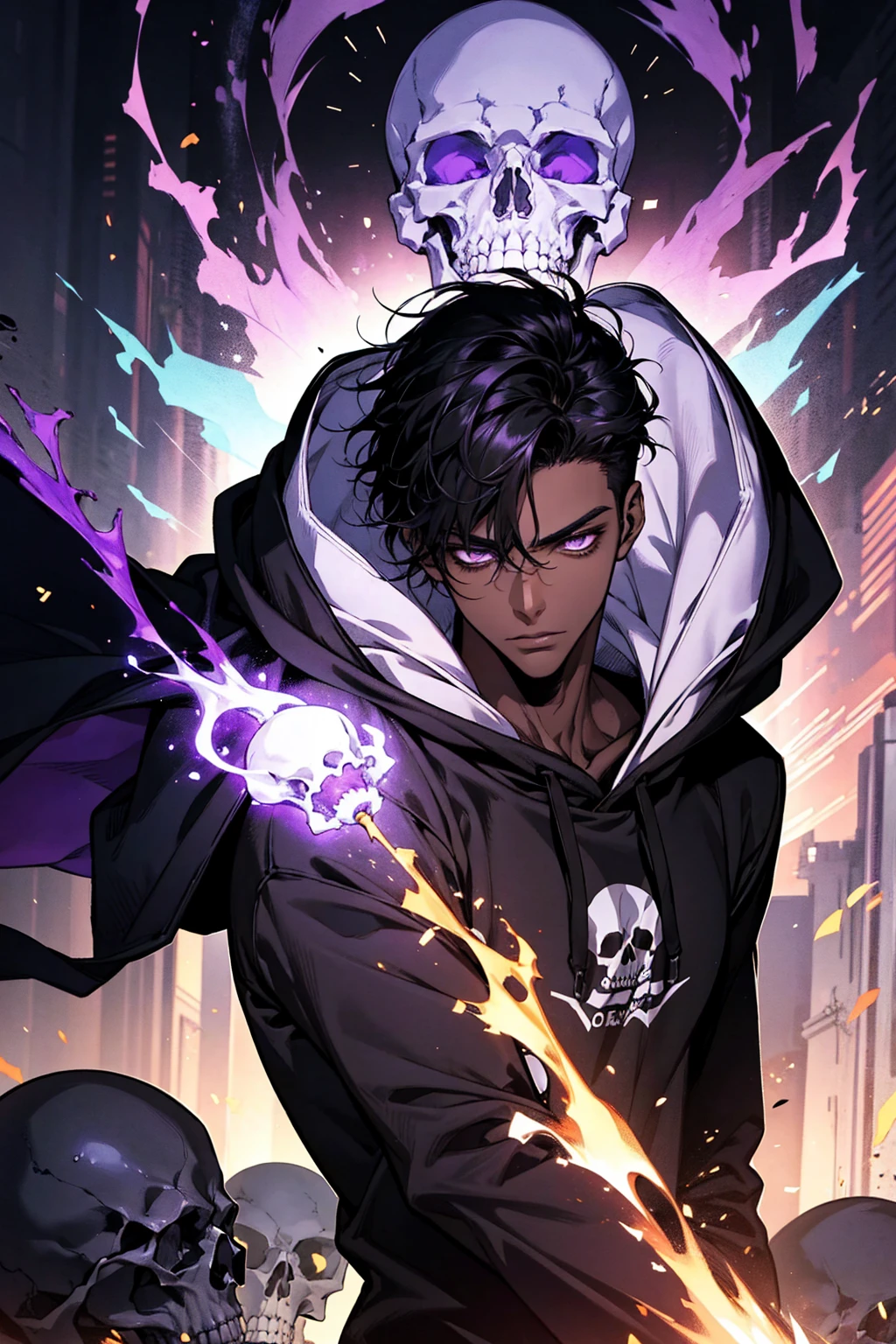 male with bones, looking away from camera, skulls, bones, handsome, black, dark skin, tall, broad shoulders, black hair, purple, purple fire, magic, detailed face, fantasy, hoodie