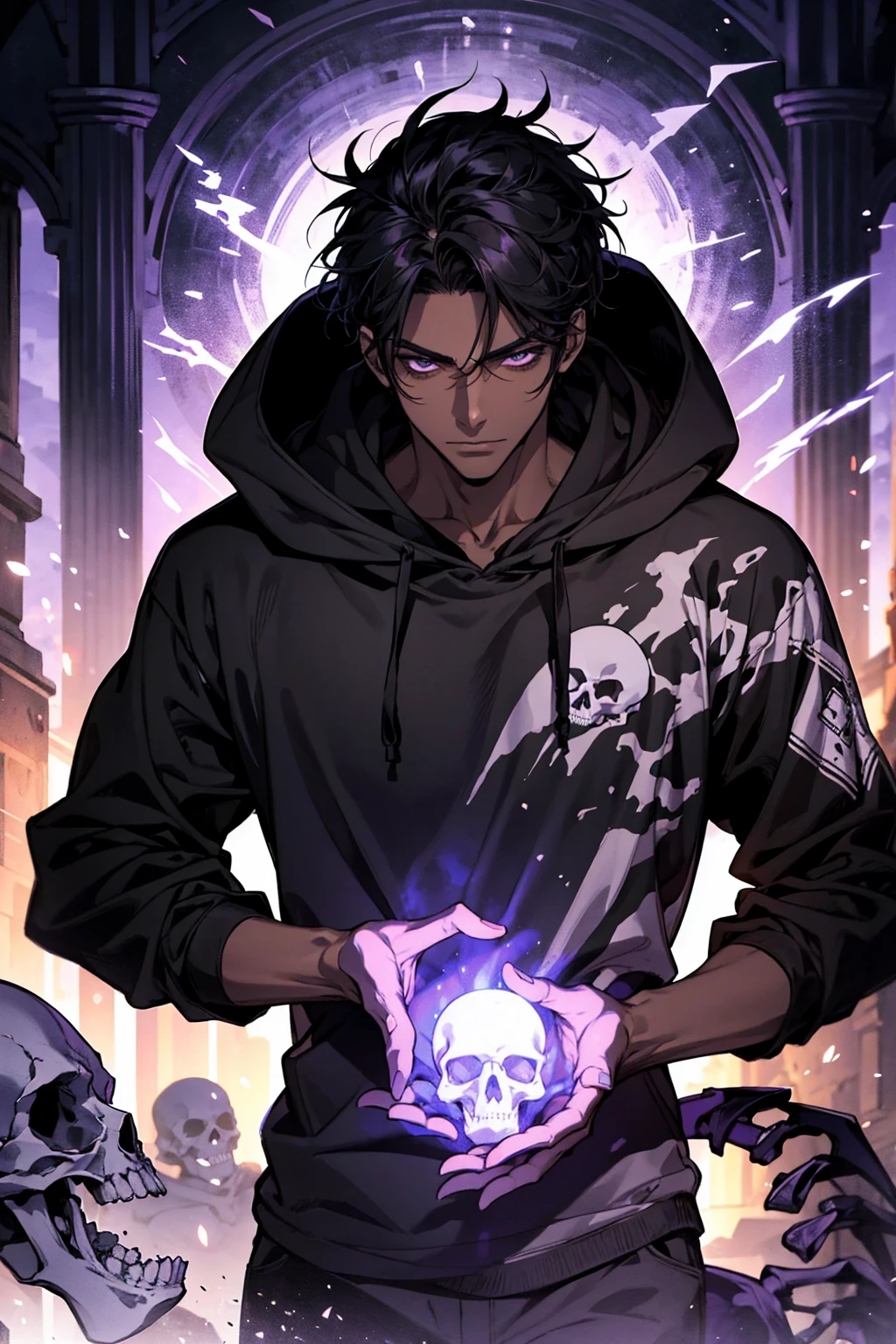 male with bones, looking away from camera, skulls, bones, handsome, black, dark skin, tall, broad shoulders, black hair, purple, purple fire, magic, detailed face, fantasy, hoodie