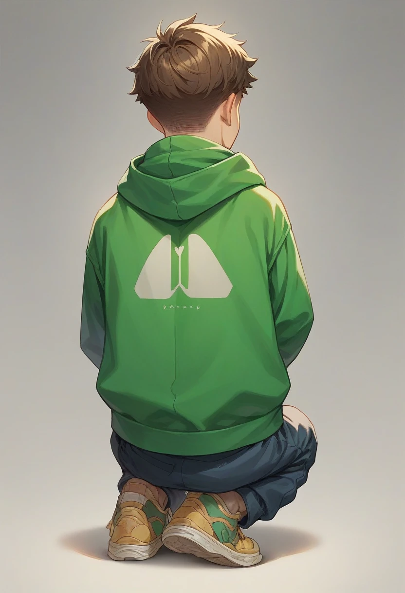 A 3D full-body model of a young boy, back view, smiling happily, on a greenscreen background.