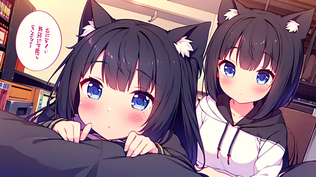 Girl long black hair blue eyes blush on face in PC gaming room Short pleated skirt long stockings cat hoodie great quality 8k very detailed image perfect anatomy