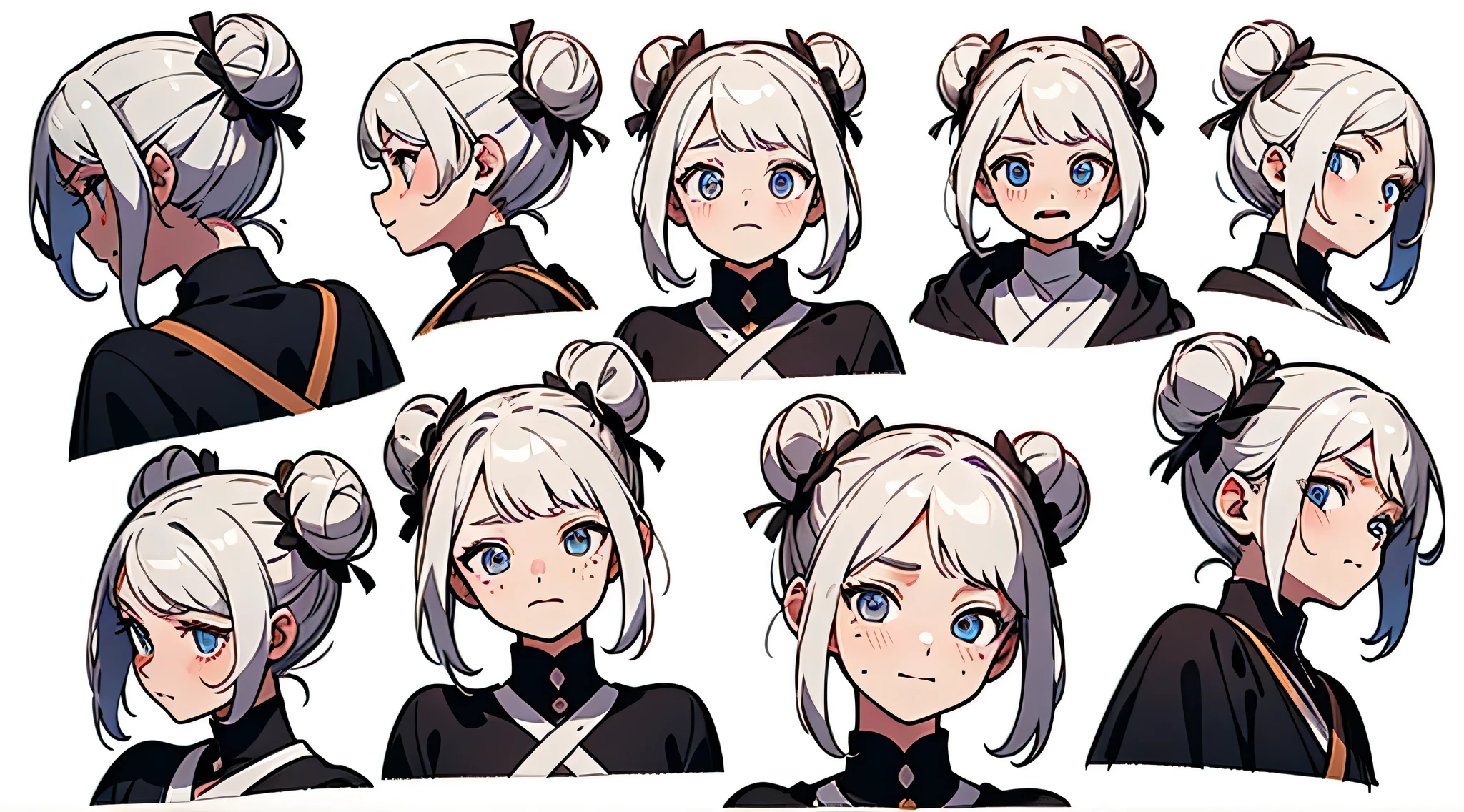 21 years old, White-haired boy, armpit hair length (((Smiley Face, Flirting face, Excited face, Excited face, Scared face, Confused face)))((Bun hairstyle)) white hair,Bright and clear eyes are, short hair, Magic novels, whole body, Freckles on face blue, white and brown wizard robe, White background, (((Detailed character list, Front diagram, side view, three quarter view))) (((White background)))