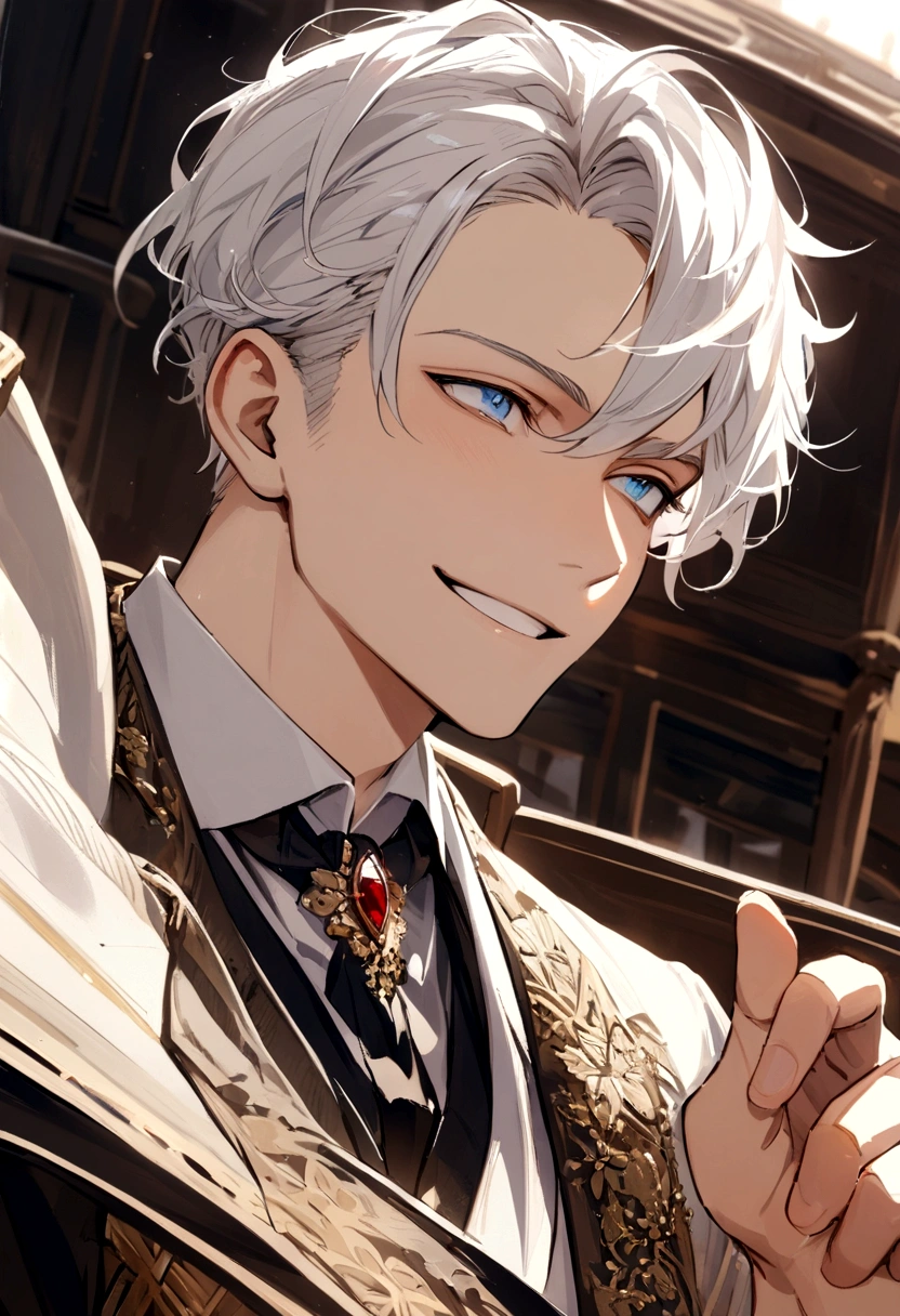 Drawing of a guy with white hair and blue eyes smiling and looking forward