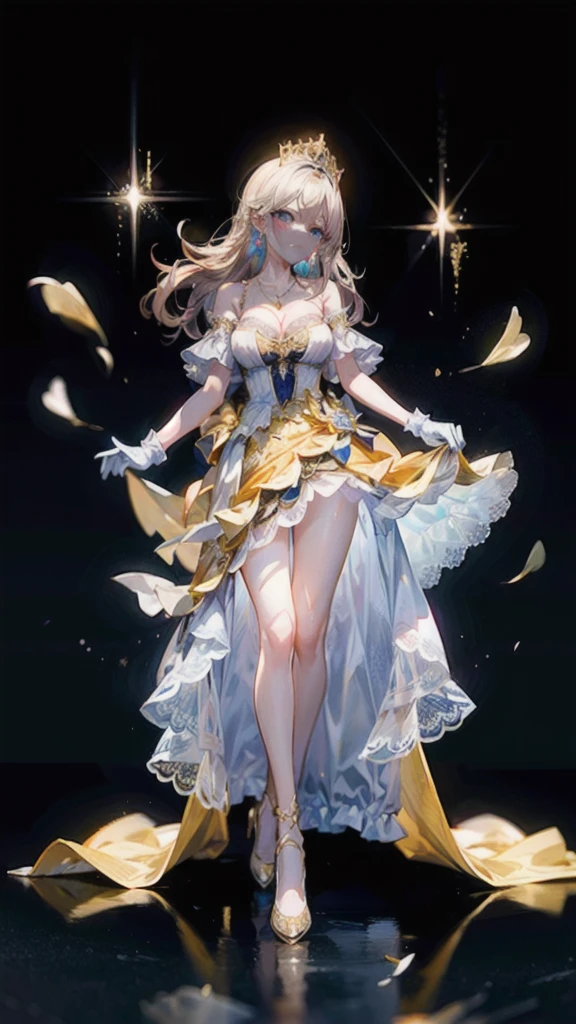 (Best quality, 8k, 32k, Masterpiece, UHD,:1.2),RAW, 1girl,ultra cute , natural lighting,transparent shining eyes, 18yo ,fair complexion ,flushed face,,blue eyes、Belle-Inspired Ball Gown, For a stunning Belle-inspired ball gown, opt for a flowing yellow chiffon or satin dress with a sweetheart neckline and off-the shoulder sleeves, Add intricate gold embroidery or beading along the bodice and hemline to capture the elegance of Belle's iconic gown, BREAK, Pair the dress with long white gloves and a matching yellow tiara adorned with faux jewels , Complete the look with delicate gold jewelry, such as drop earrings and a pendant necklace, to accentuate the princess-inspired ensemble, With a pair of gold heels, standing, from above