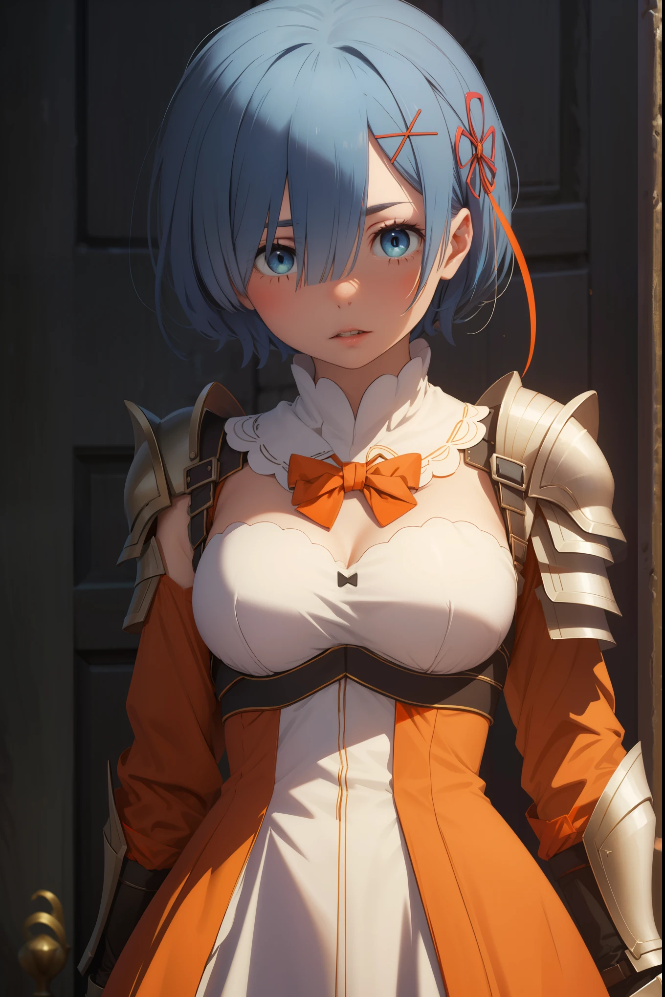 ph_rem, remhd, 1girl, blue hair, solo, blue eyes, x hair ornament,
BREAK (red bowtie, shoulder armor, sidelocks, (white armor:1.5), breastplate, (orange dress:1.5):1.2),
BREAK (masterpiece:1.2), best quality, high resolution, unity 8k wallpaper, (illustration:0.8), (beautiful detailed eyes:1.6), extremely detailed face, perfect lighting, extremely detailed CG, (perfect hands, perfect anatomy),