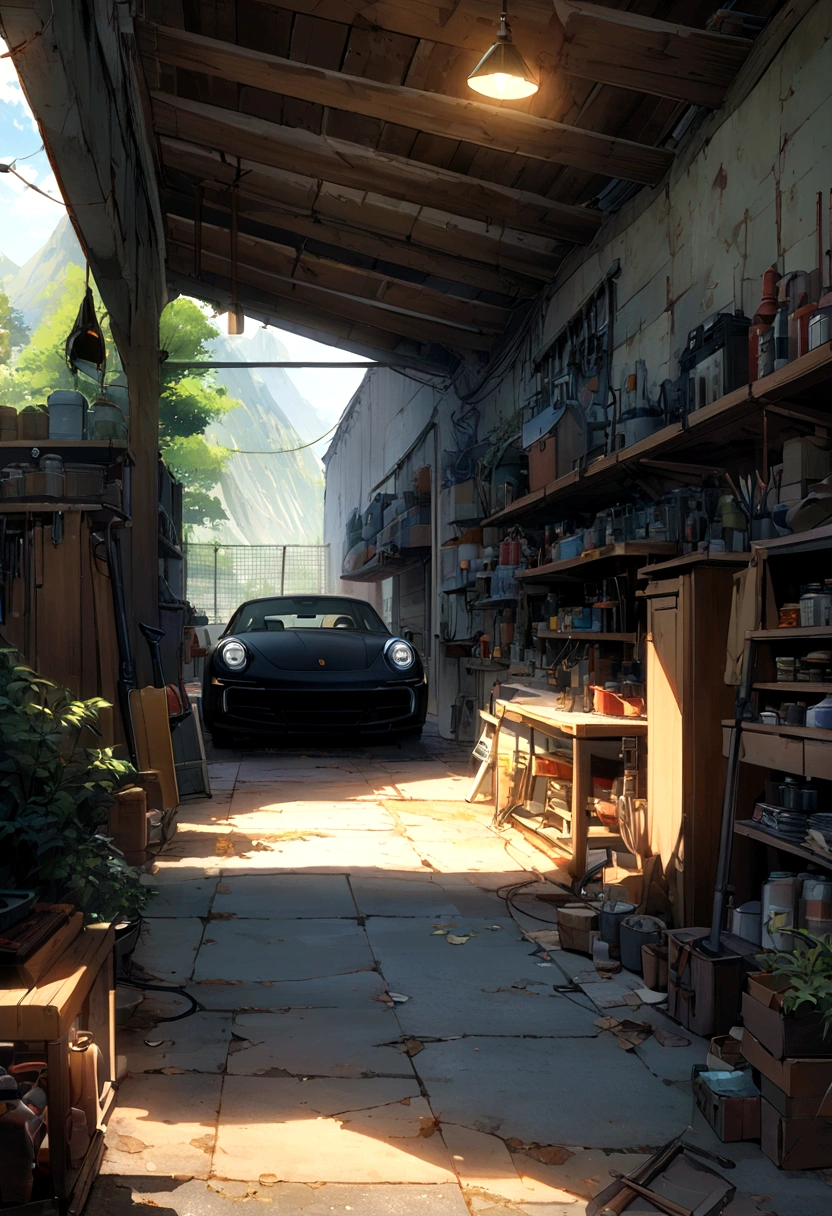 Create an anime-style image featuring a Porsche 911 parked inside a garage. The perspective should be from one of the back corners of the garage, capturing a wide view of the space. Both garage doors are open, revealing a vivid and detailed outdoor scene. To the left of the garage, a large, lush tree is visible from inside. In the distance, illustrate a scenic valley and towering mountains, adding depth and beauty to the backdrop.

Inside the garage, add vibrant details such as tools hanging neatly on one wall, shelves with various car maintenance items, and a workbench with tools scattered on it. The garage should feel lived-in yet organized, with rich colors and textures typical of anime art. The lighting should be bright and warm, casting soft shadows that enhance the overall atmosphere of the scene.

