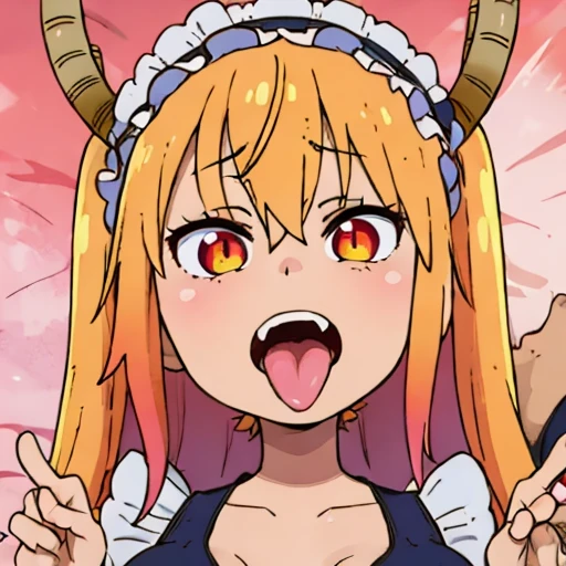 Tohru, ojos detallado, pechos grandes rebotando, cuerpo completo, pechos enormes y suaves, pezones ricos, Outfit_CowprintBikini, mouth open and tongue out SOLO