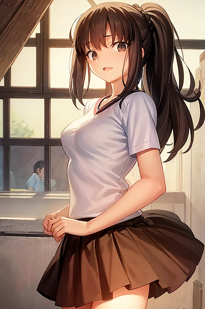 NIKKE。An illustration。girl。I&#39;in the heat。brown hair。big breasts。~ side。pubic hair。nipple。naked。exposed。uniform。mini skirt。shy。get down on all fours。white skin。