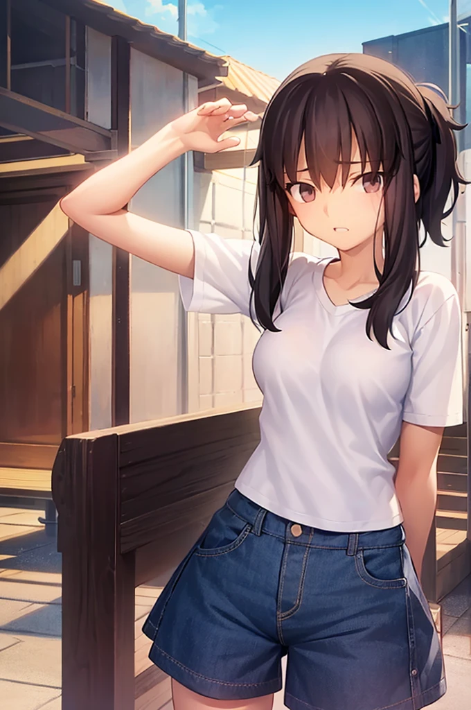 highest quality、masterpiece、Brown ponytail、A cheerful girl、boyish、Brown eyes、16-year-old high school student、Sportswear、Shorts、Big Breasts、Sports Club、Hair Shine、Tear bags、double eyelid、Long eyelashes、Droopy eyes、Pink Lips、Stand in front、My ???、whole body、White background