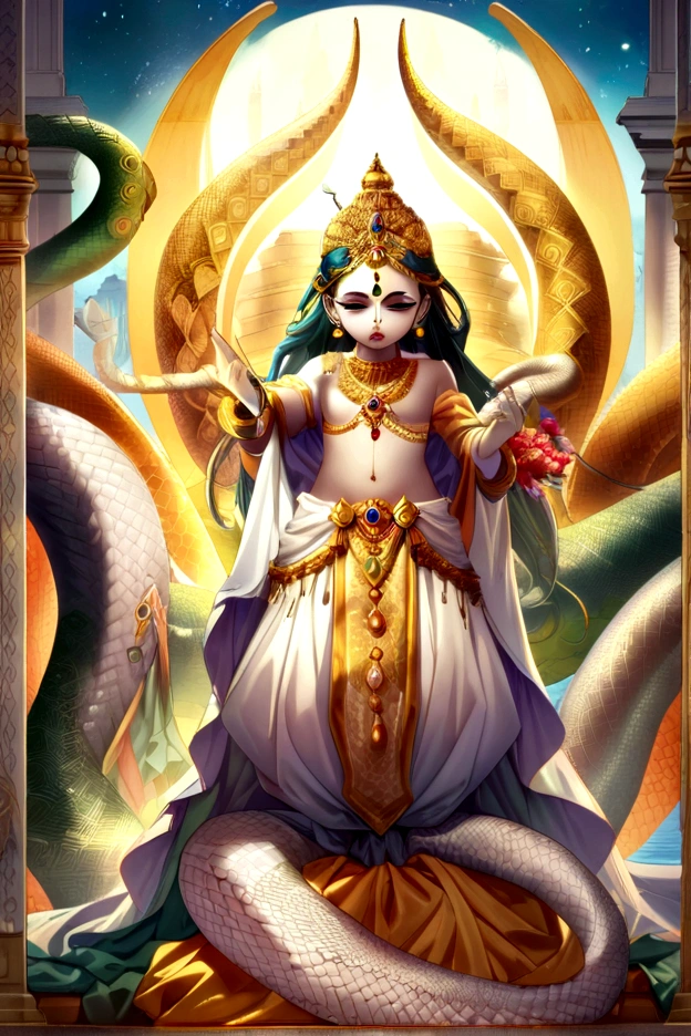 (((serpent))) Best Quality, Ultra-high resolution, Detailed 4K CG, Master Parts, Krishna, Hindu God,White snake, Hindu mythology,((To the serpent)), Image of Hinduism , Aesthetic, Screen-centric