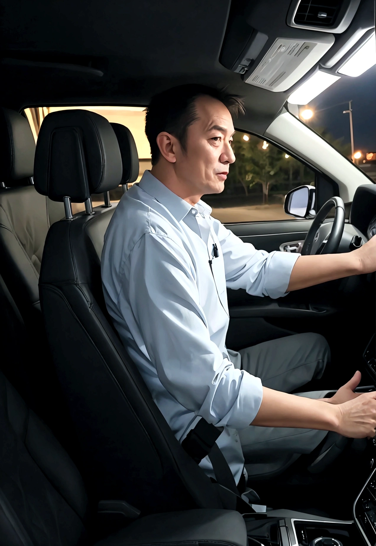 Middle-aged man driving，at night，On the move