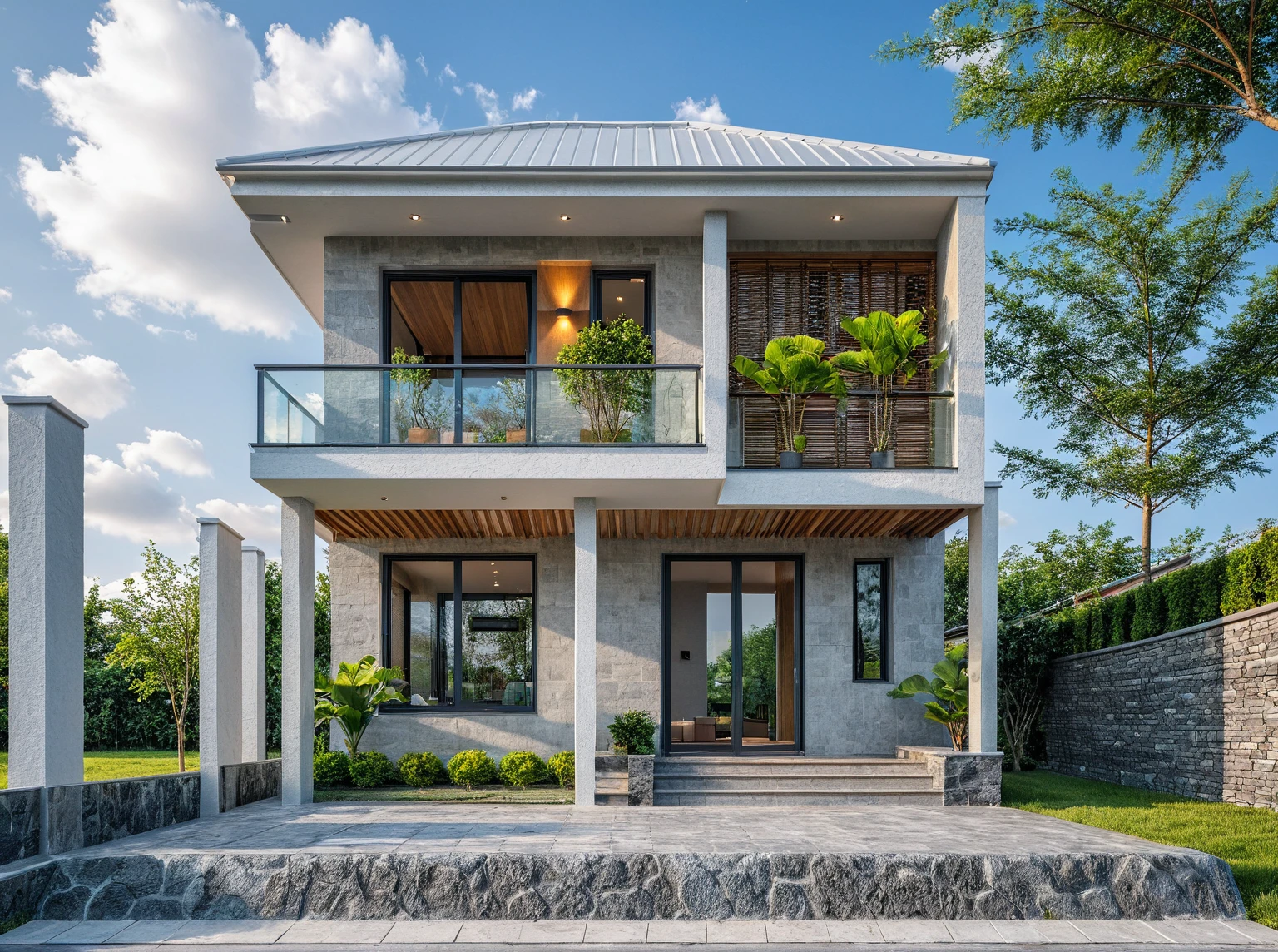Masterpiece, high quality, best quality, 3d rendering, super detailed, outdoor, two-story villa, aiaigroup, modern house style on the street, stairs, white wall, accent wall Gray stone cladding on the left, road, sidewalk, grass, trees, sky, clouds, (daylight: 1.1)
