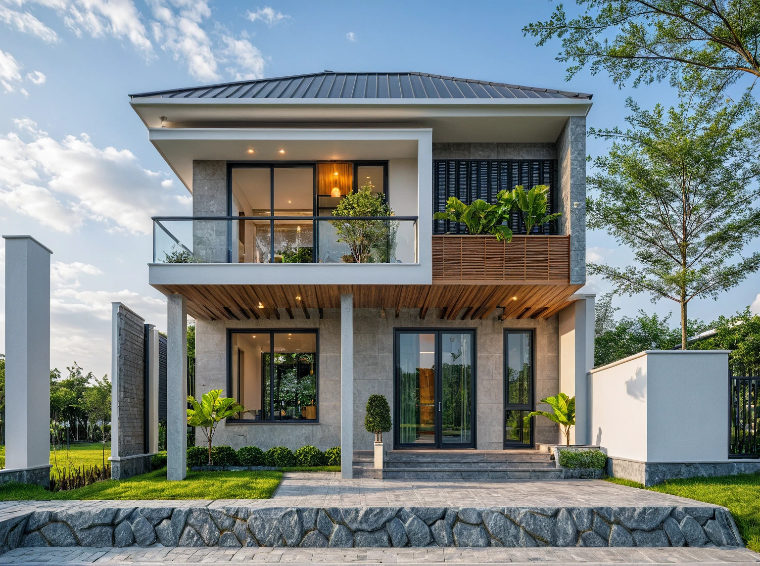 Masterpiece, high quality, best quality, 3d rendering, super detailed, outdoor, two-story villa, aiaigroup, modern house style on the street, stairs, white wall, accent wall Gray stone cladding on the left, road, sidewalk, grass, trees, sky, clouds, (daylight: 1.1)
