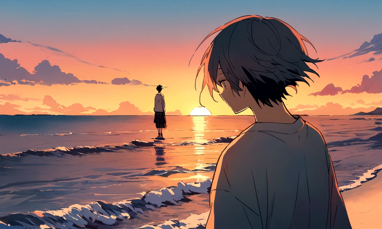 Watching the sunset男性の絵, anime, Watching the sunset男性, Back view, A beautiful -yeld man the horizon, Watching the sunset, short hair, White long sleeve shirt, one person, Makoto Shinkai's Style, Makoto Shinkai's Style