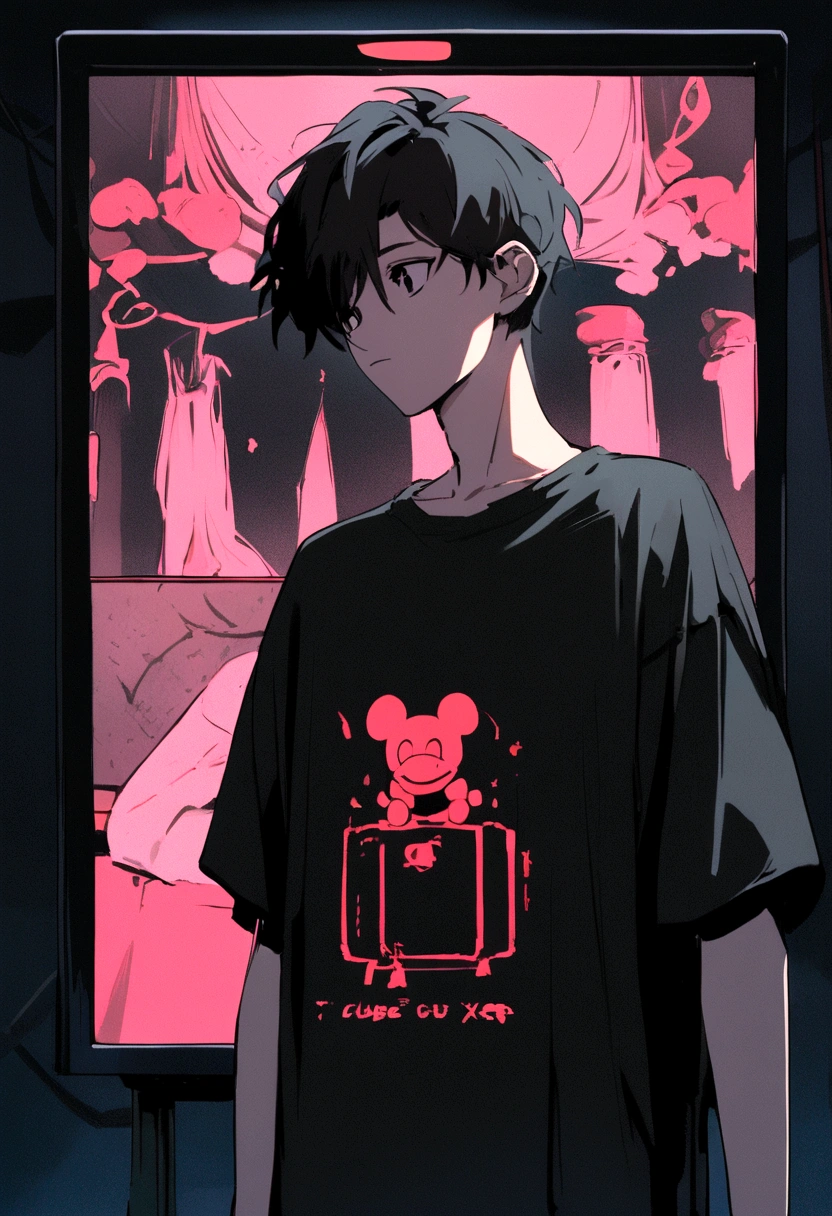 animated Disney cartoon poster of a young man screen-printing clothes with a black t-shirt that says CUBE X