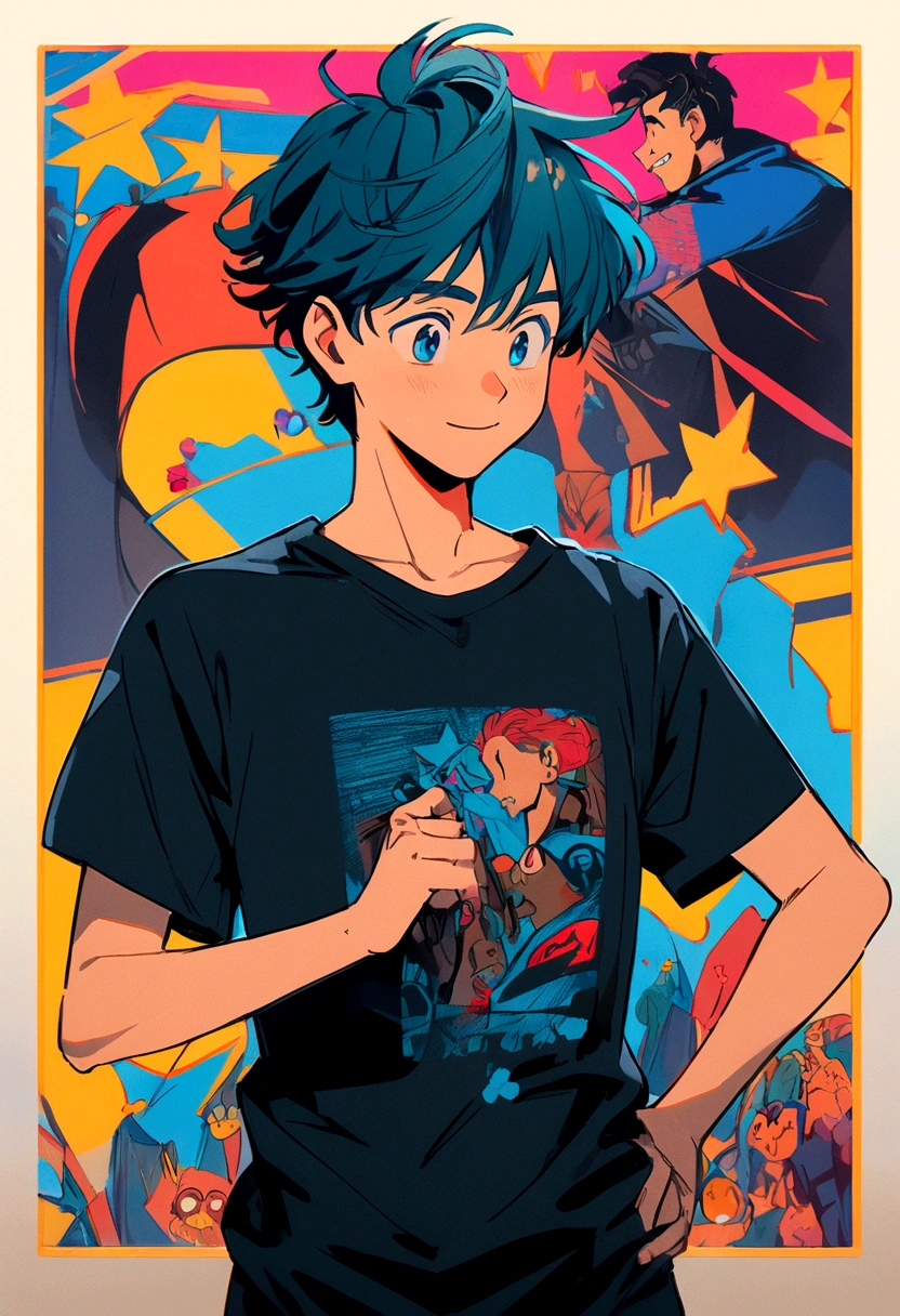 animated Disney cartoon poster of a young man screen-printing clothes with a black t-shirt that says CUBE X