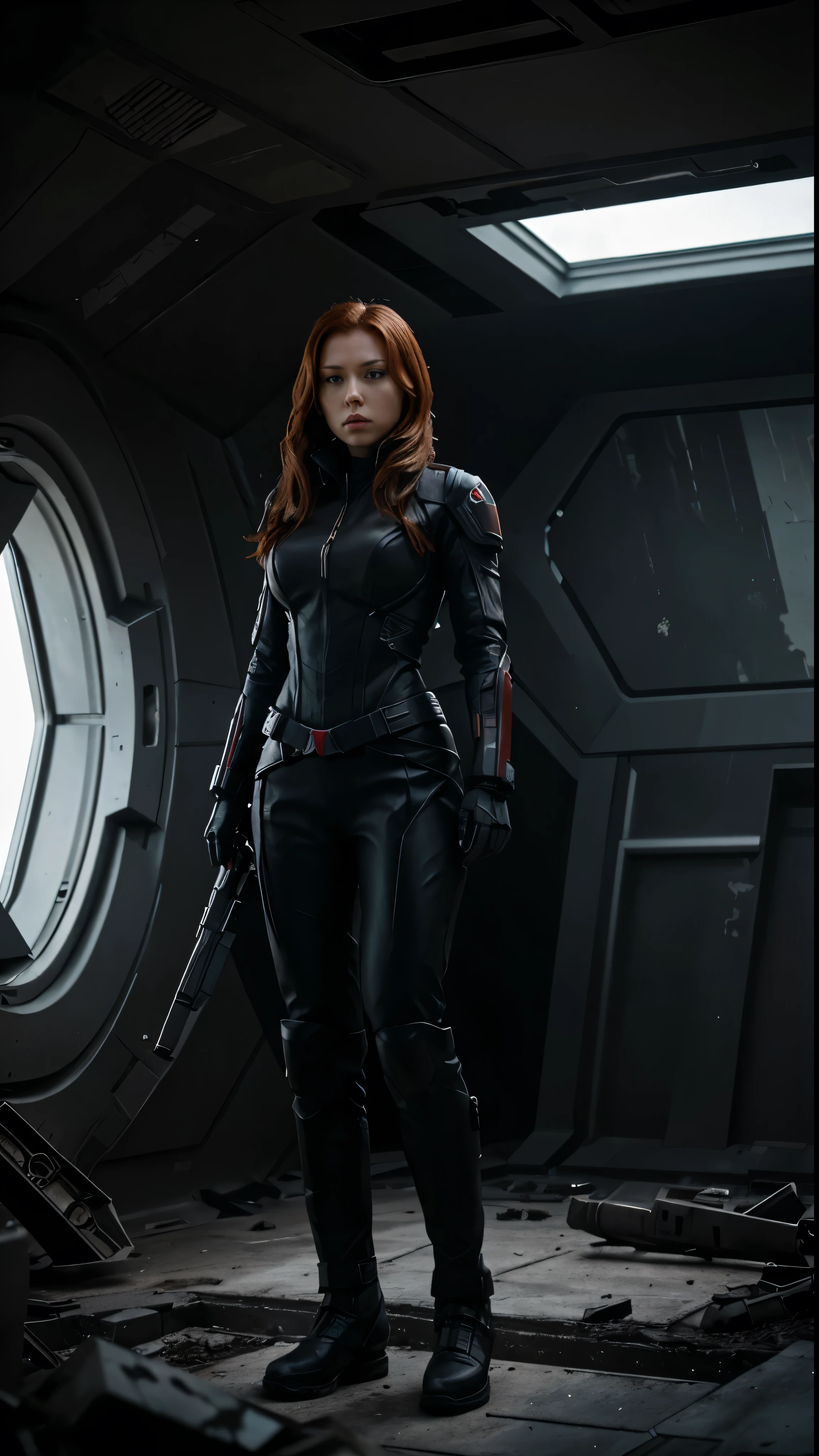 A scene from a movie,The female protagonist is Black Widow in a white armored suit and kitted out with a high-quality gun.、(A devastatingly destroyed spaceship)It reminds me of the official character art before。On a desolate background、Dust from a once thriving galaxy々The remains of the、It reminds me of the setting of a fallen empire.。The surrounding atmosphere、It has the ominous presence of Doom Eternal's zombies.、Its terrifying appearance creates a chilling aura.。A woman stands out in the foreground.、Her images are ultra-detailed, high-resolution masterpieces.。