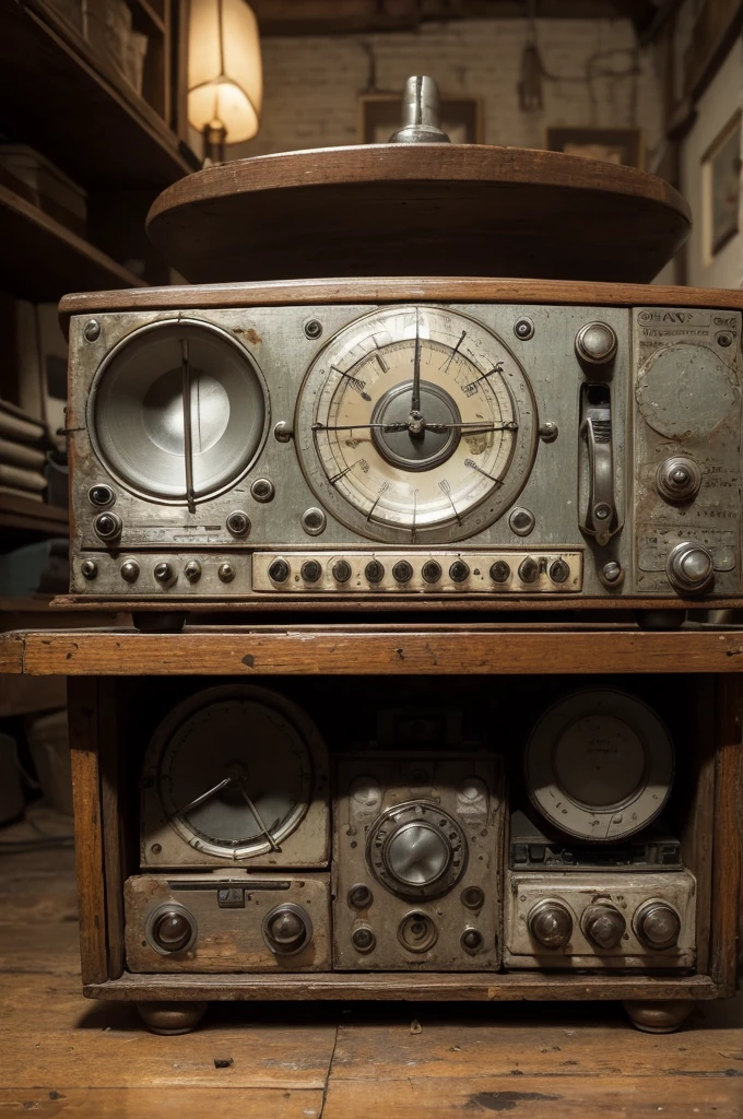 ((best quality)), ((masterpiece)), (detailed), perfect face An old radio from the 40s with a wealth of details, sujo e mal cuidado, on an old, dirty table in a dark, dreary environment on a cloudy Sunday afternoon