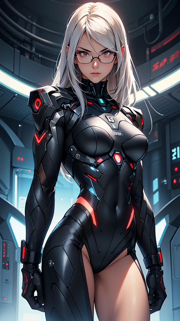 Beautiful cybernetic girl detailed muscles realistic masterpieces full figure pose (best quality,ultra-detailed), straight hair, glasses, fair skin, fit body, slim figure, narrow waist, large buttocks, (cocky expression), black cybernetic battle combat suit