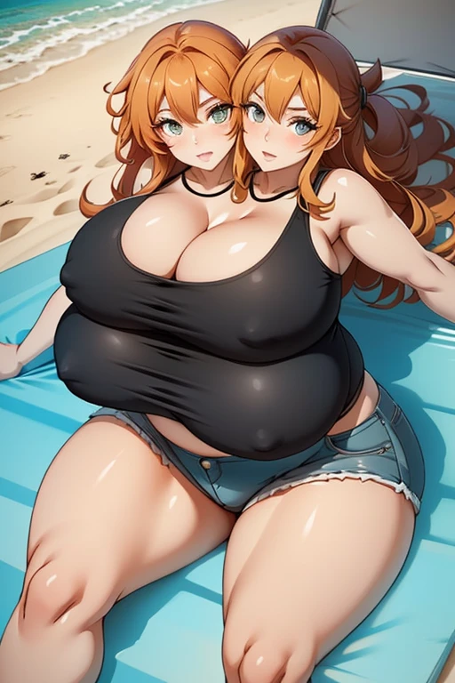 2heads, a short fat woman with 2 heads. She has enormous fat breasts. She is relaxing on the beach. She is wearing a striped bikini top and jean shorts. She has long orange hair. She has massive fat breasts. She is laying on a beach towel. She is relaxed. She looks mature. She is extremely short. She is very fat. She has gigantic fat breasts. She is laying on her back. She looks happy, seductive expression. She has two legs with thick thighs. She has massive fat breasts. She is wearing eyeliner.