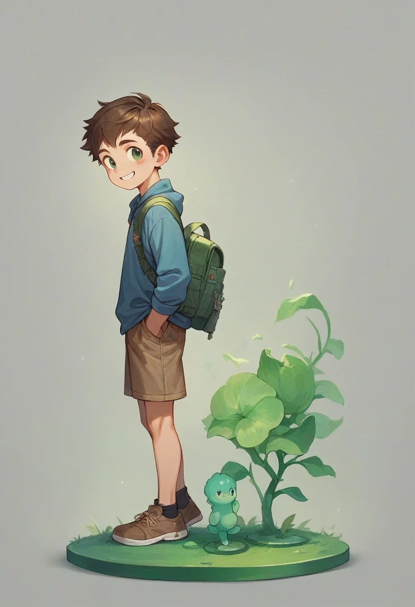A 3D full-body model of a young boy, side view, smiling happily, on a greenscreen background.