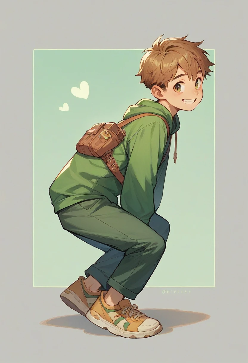 A 3D full-body model of a young boy, side view, smiling happily, on a greenscreen background.