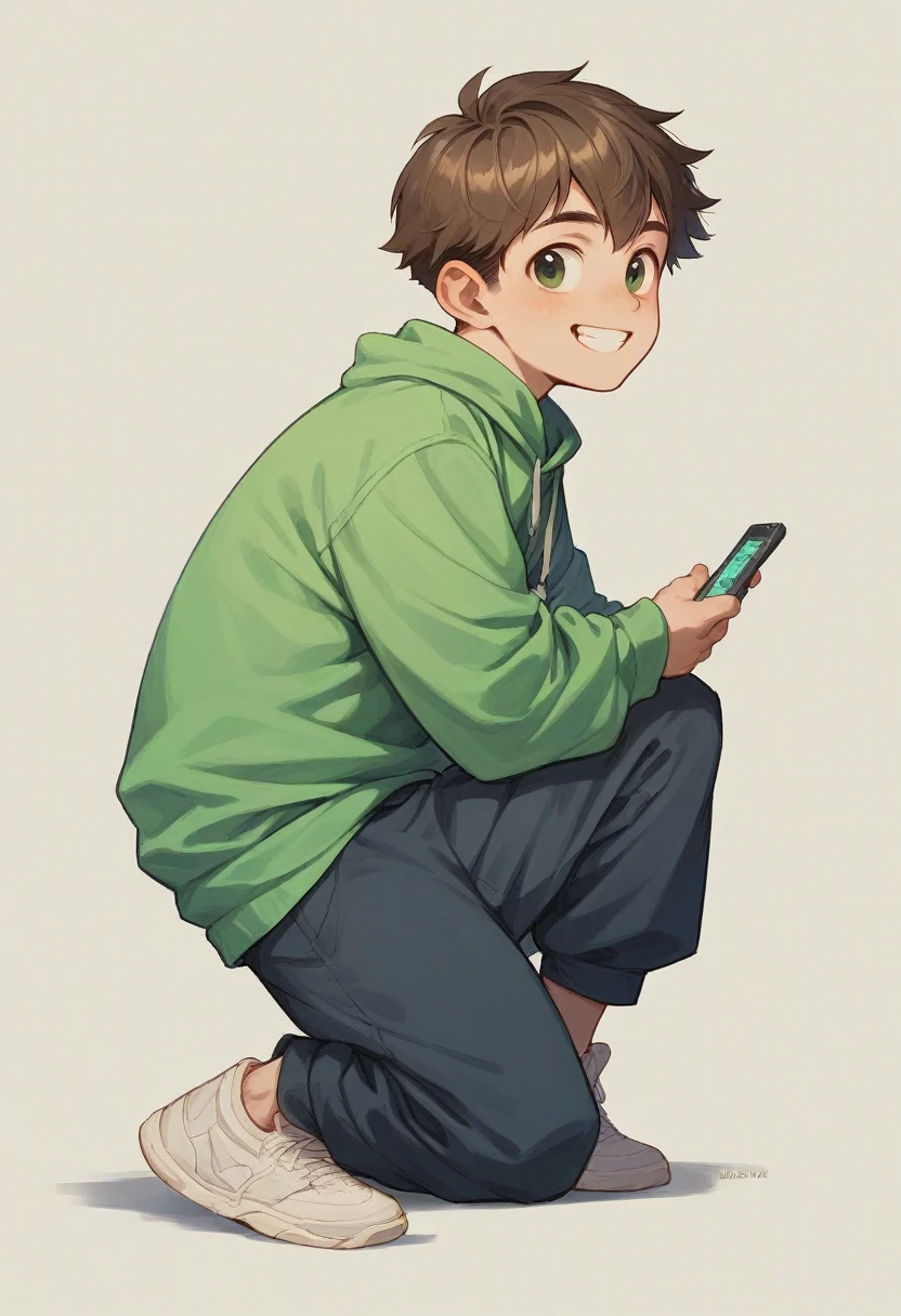 A 3D full-body model of a young boy, side view, smiling happily, on a greenscreen background.
