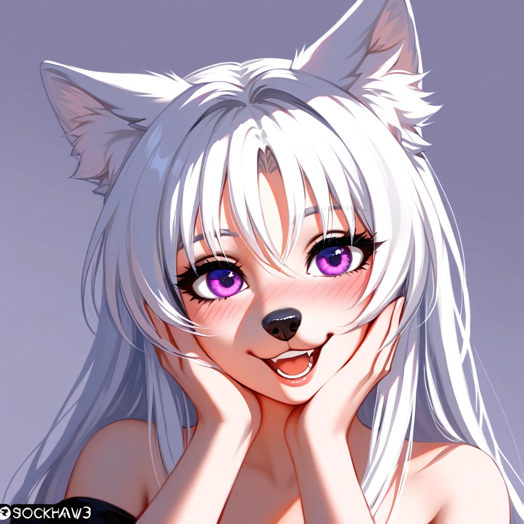 an all white wolf girl, tall, mature, snout, long white hair, white ears, purple eyes, black nose, wearing black blouse, portrait, blushing, her hands on her face, giggling, laughing, squinting, head tilted, coy smile, shy, no background, (by clockhands, by chunie, by honovy), best quality, absurdres, highres, 8k, uhd, intricate details, highly detailed, Clear facial features, digital illustration, realistic shading, outline, detailed lines, detailed linework, proper anatomy, dutch angle
