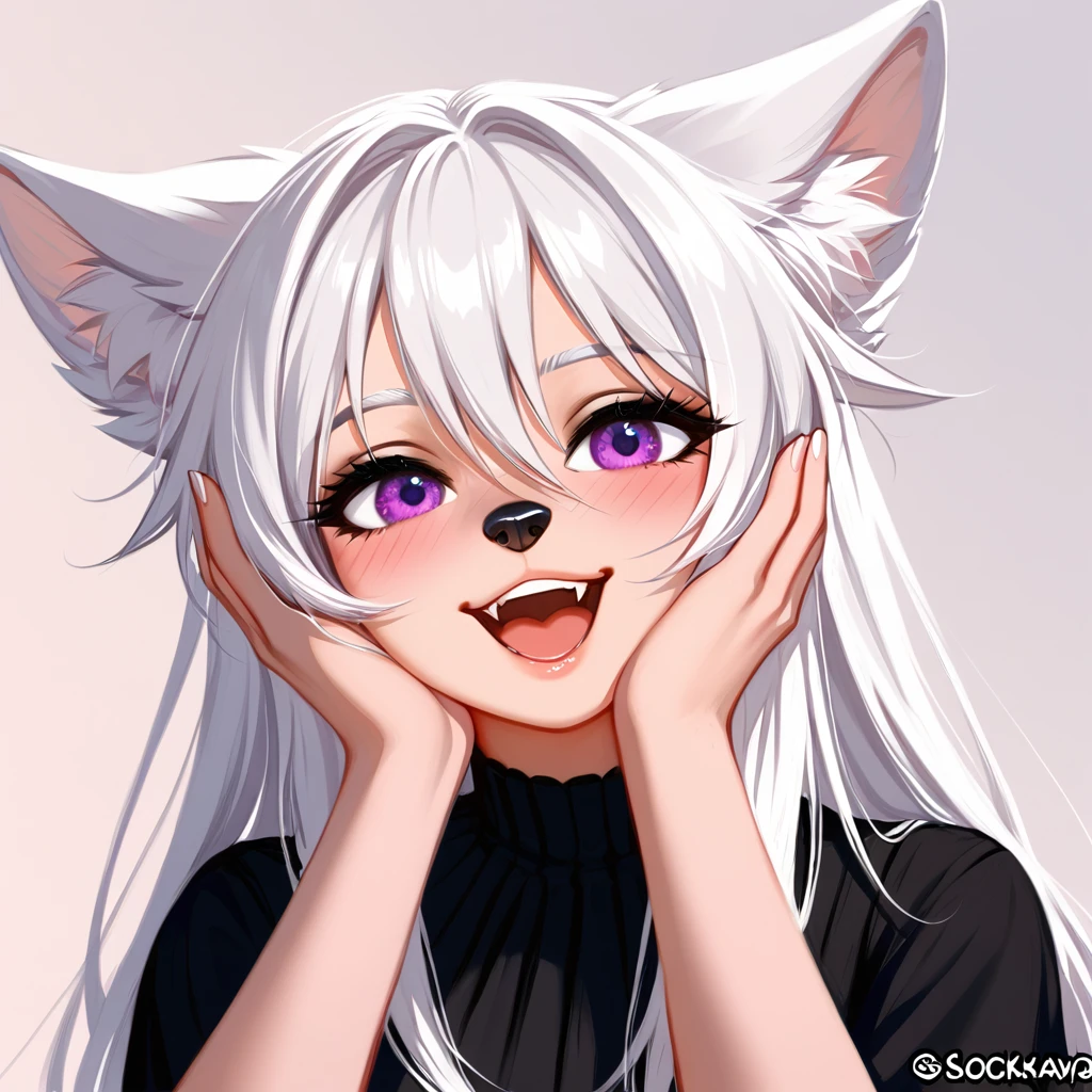 an all white wolf girl, tall, mature, snout, long white hair, white ears, purple eyes, black nose, wearing black blouse, portrait, blushing, her hands on her face, giggling, laughing, squinting, head tilted, coy smile, shy, no background, (by clockhands, by chunie, by honovy), best quality, absurdres, highres, 8k, uhd, intricate details, highly detailed, Clear facial features, digital illustration, realistic shading, outline, detailed lines, detailed linework, proper anatomy, dutch angle
