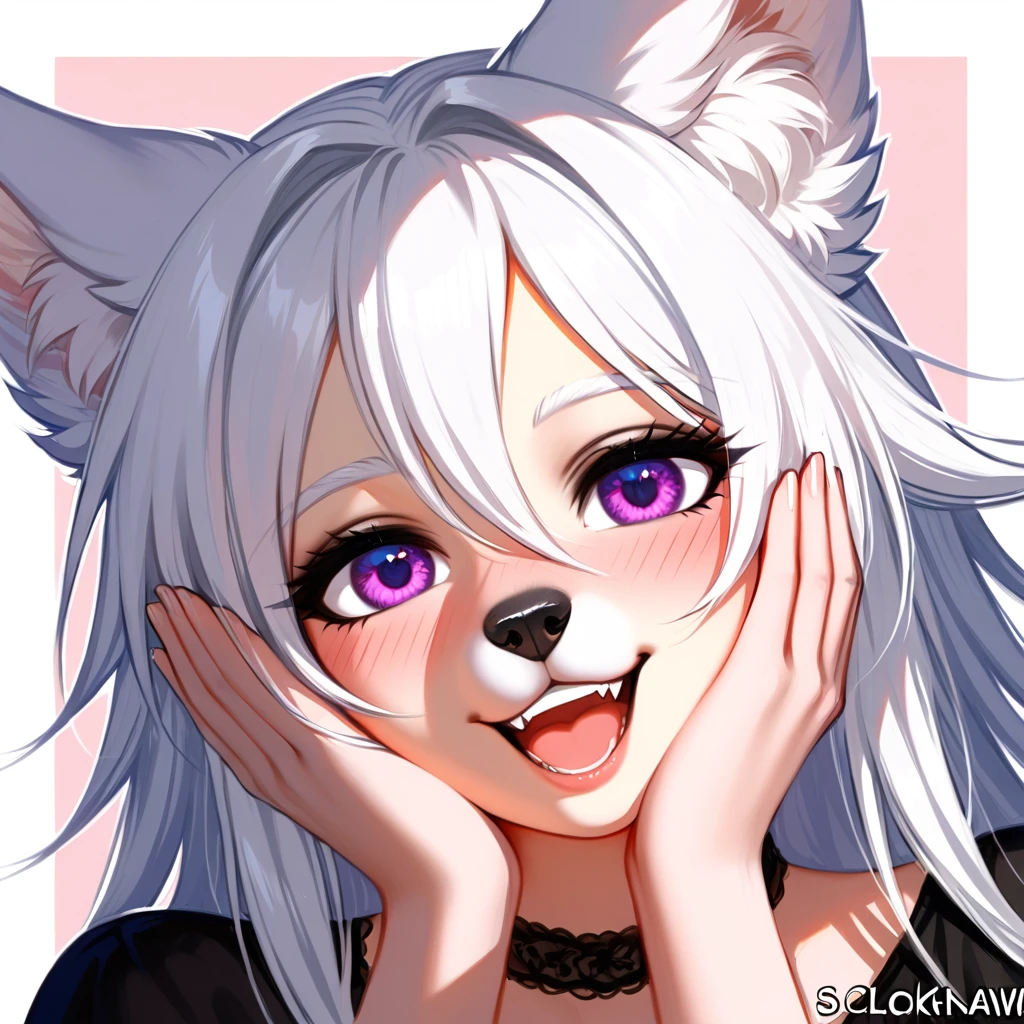 an all white wolf girl, tall, mature, snout, long white hair, white ears, purple eyes, black nose, wearing black blouse, portrait, blushing, her hands on her face, giggling, laughing, squinting, head tilted, coy smile, shy, no background, (by clockhands, by chunie, by honovy), best quality, absurdres, highres, 8k, uhd, intricate details, highly detailed, Clear facial features, digital illustration, realistic shading, outline, detailed lines, detailed linework, proper anatomy, dutch angle
