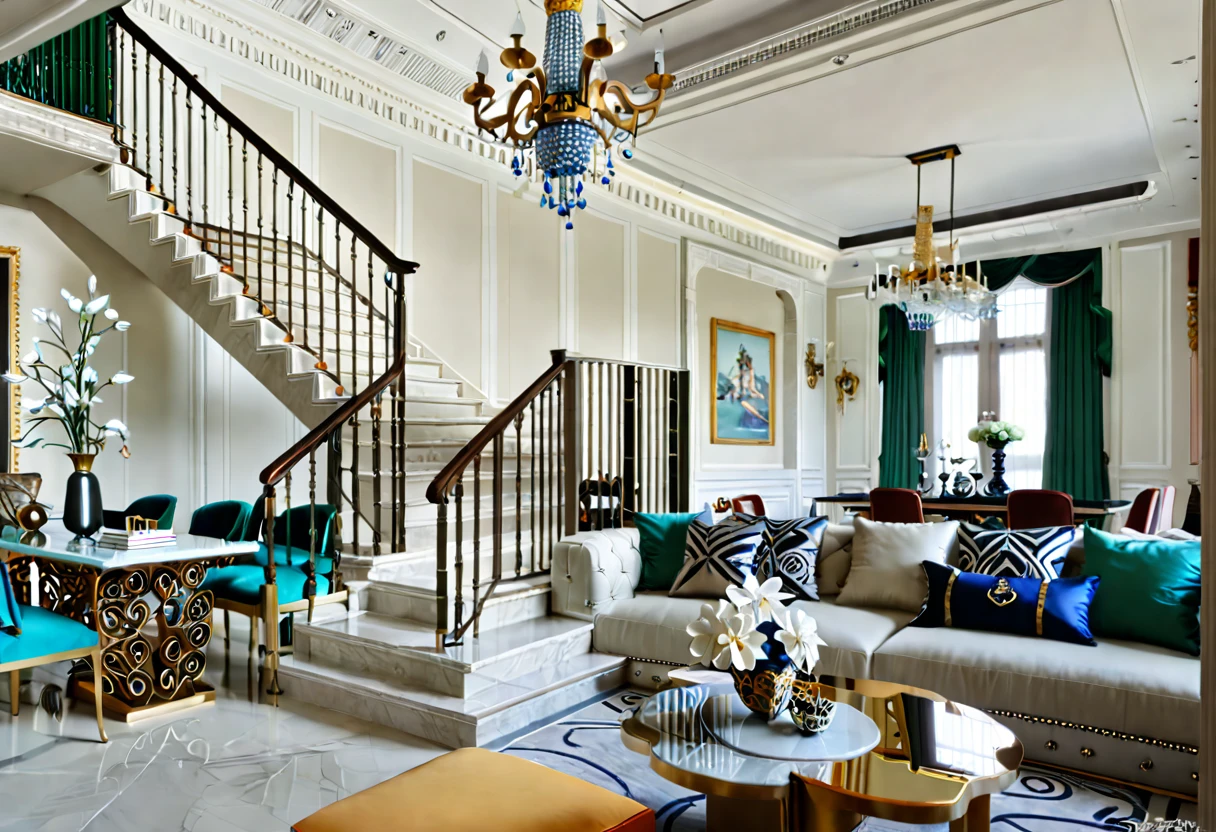 a view of a living room with a couch, chairs, and a chandelier, highly detailed interior, neo - classical style, neoclassical style, neoclassicism style, interior architecture view, interior living room, royal interior, classicism artstyle, library in the style of baroque, classicism style, realistic art deco, tall ceiling, detailed set design, high ceiling