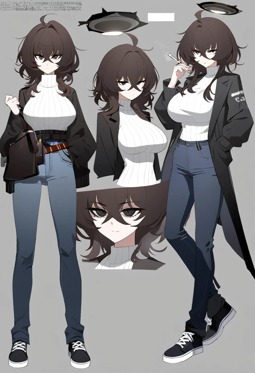 One Woman,Downer,older sister,Concept Art,Dark brown hair,Straight hair with slight inward curls,Staring eyes,Eye Ridge,black eye,Crossed bangs,whole body,smile,Larger breasts,Gray background,Bangs that reach down to the eyes,Messy hair,Perfect dark jeans,White turtleneck sweater,Multiple views of the same character,Character Design,Dark circles under the eyes,Bad look,Listless,Sloppy,accessories,Arknights Wind,Cafe staff,Holding a cigarette,whole bodyCharacter Design,