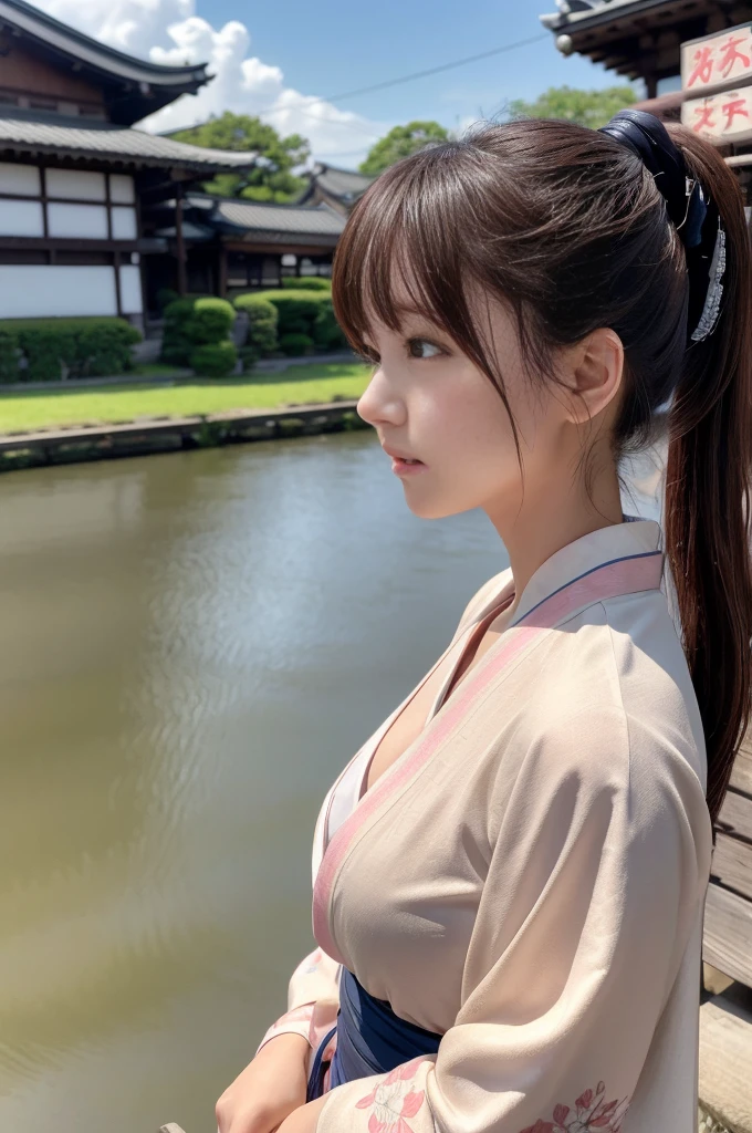 nsfw,Japanese women、26 years old、(naked)、princess、Hairpin、Beautiful nipples、Pink kimono、Brown Hair、ponytail、bangs、(RAW shooting, Photorealistic:1.5, 8k, highest quality, masterpiece, Ultra-high resolution), ((The background is the streetscape of the Edo period.、Old house、River side、))、Farmer、Rural Scenery、countryside、Highly detailed skin and facial textures:1.2, Cute like an idol、aesthetic, Cute and sexy beauty, Perfect Style:1.2, Fair skin, Very beautiful face, Glowing White Skin, (Mid-chest)、Dutch Angle、Low - Angle、Shooting from the side、Walking、