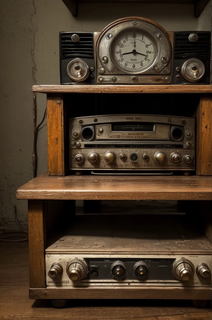 ((best quality)), ((masterpiece)), (detailed), perfect face An old radio from the 40s with a wealth of details, sujo e mal cuidado, on an old, dirty table in a dark, dreary environment on a cloudy Sunday afternoon