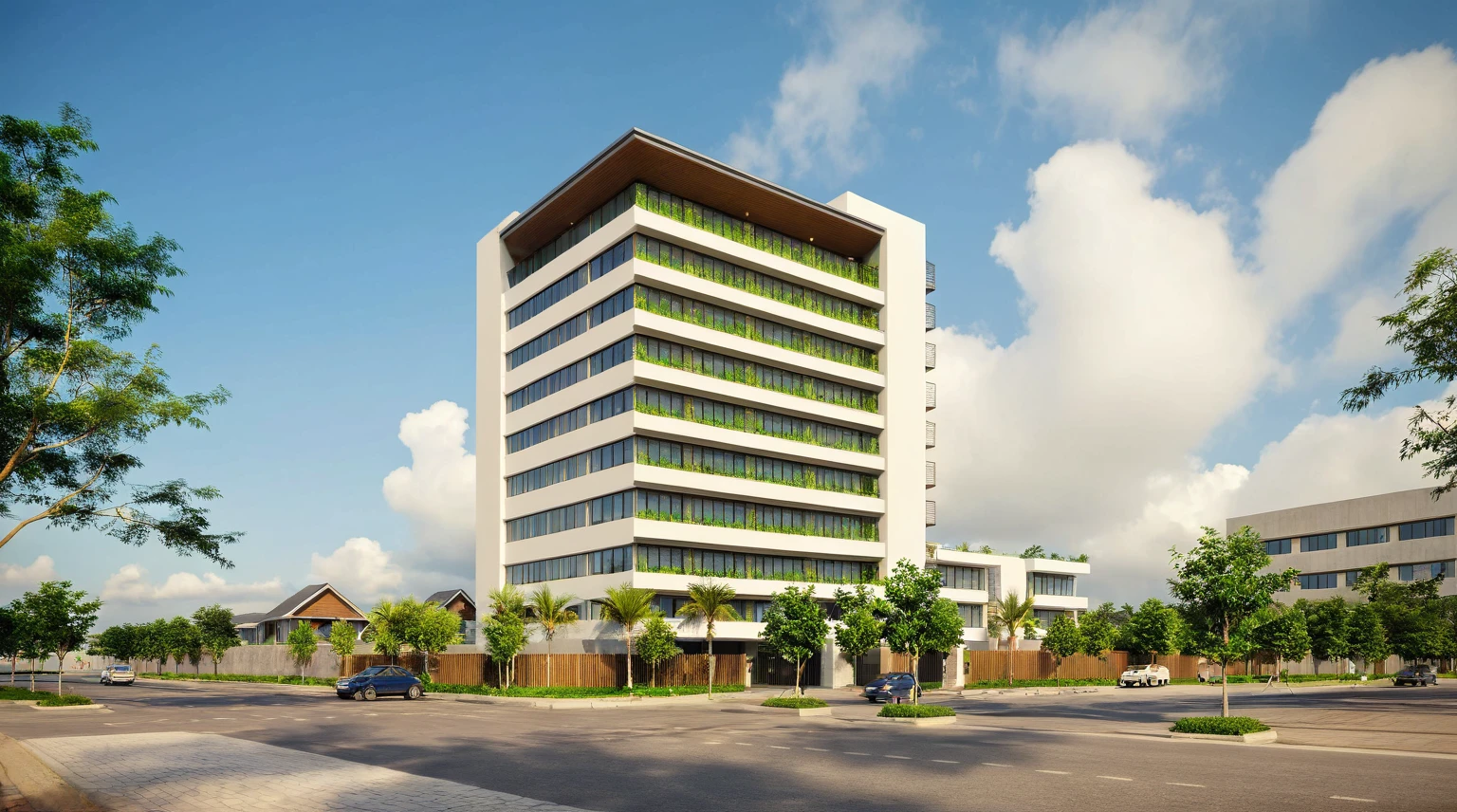 Raw photo,Masterpiece, high quality, best quality, david chipperfield, won architectural prizes, , authentic, super detail, soft lighting, high quality, exterior, outdoors, hospital style modern on the street vietnam road,pavement, grass, trees, blue sky, cloud, (day:1.1), vivid colour, (realistic:1.2), unreal engine 5, vray tracing, vivid colour, (realistic:1.2), unreal engine 5, Tropical style, lush and tropical vibes, vibrant and bold colours, natural materials, rattan, bamboo, botanical patterns, breezy and relaxed atmosphere, vacation-like ambience, street scene