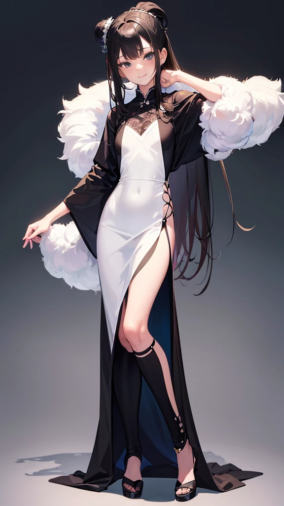 (Top Quality, 8K, Masterpiece: 1.3)), (1 person: 1.4), 1girl, Japan woman, Goddess, 15 years old, portrait photography, high contrast, divine perspective, aperture F1.2, focal length 24mm, (full body: 1.2), smile, photo pose, fine lace, slip dress, simple cut dress, brand dress, simple cut, long black hair, hair tying, ultra detailed skin details, Detailed fabric texture