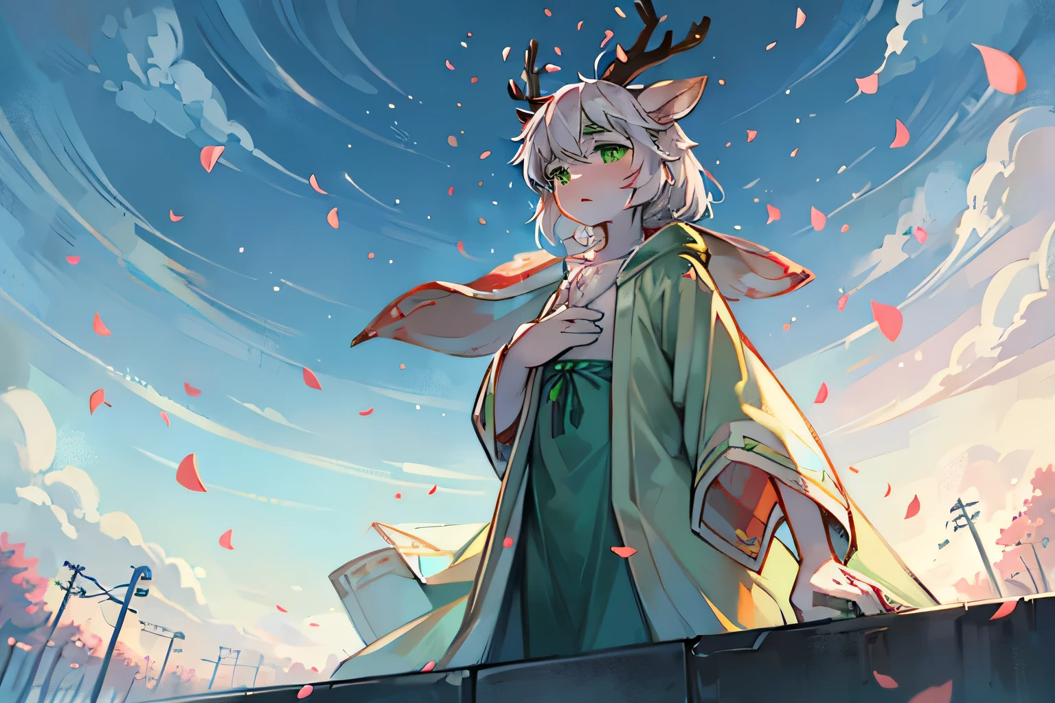 A white deer,Green Eyes,antlers,street,Falling petals,Pink petals,Light green robe,Flowing robe,blue sky,Sea,Bleak atmosphere,A sad look,Covering the chest