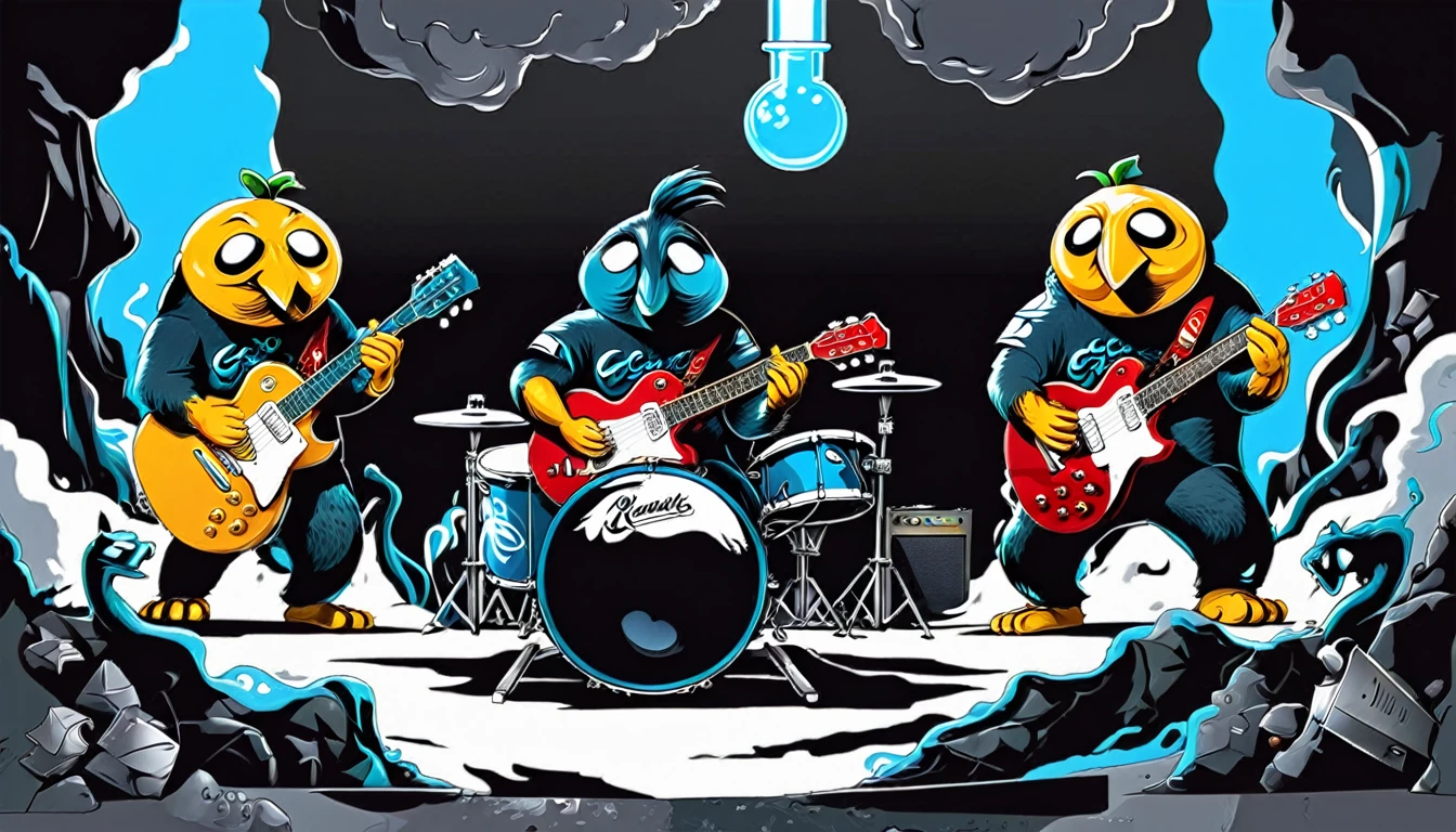 three happy creatures; Guitars (golden Les Paul) and drums in a small science lab, complete with speakers and glass flasks of chemistry, embody the resilience and tenacity of the scientific community, infused with a bold graphic allure that enlivens the spirit of science. The design penetrates layers of depth, integrating the raw essence and vibrant cores of Rio de Janeiro culture. Brushstrokes that incorporate the fluid energy of graffiti on guitars and acoustic guitars weave around dynamic geometric shapes, adorning the laboratories with an evocative masterpiece that speaks to the heart of the intersection between two diverse worlds. Majestically rendered in high definition and vibrant color, every detail bursts with life, inviting viewers to marvel at the beauty that