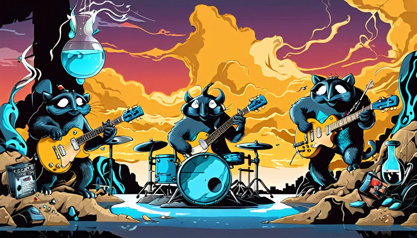 three happy creatures; Guitars (golden Les Paul) and drums in a small science lab, complete with speakers and glass flasks of chemistry, embody the resilience and tenacity of the scientific community, infused with a bold graphic allure that enlivens the spirit of science. The design penetrates layers of depth, integrating the raw essence and vibrant cores of Rio de Janeiro culture. Brushstrokes that incorporate the fluid energy of graffiti on guitars and acoustic guitars weave around dynamic geometric shapes, adorning the laboratories with an evocative masterpiece that speaks to the heart of the intersection between two diverse worlds. Majestically rendered in high definition and vibrant color, every detail bursts with life, inviting viewers to marvel at the beauty that