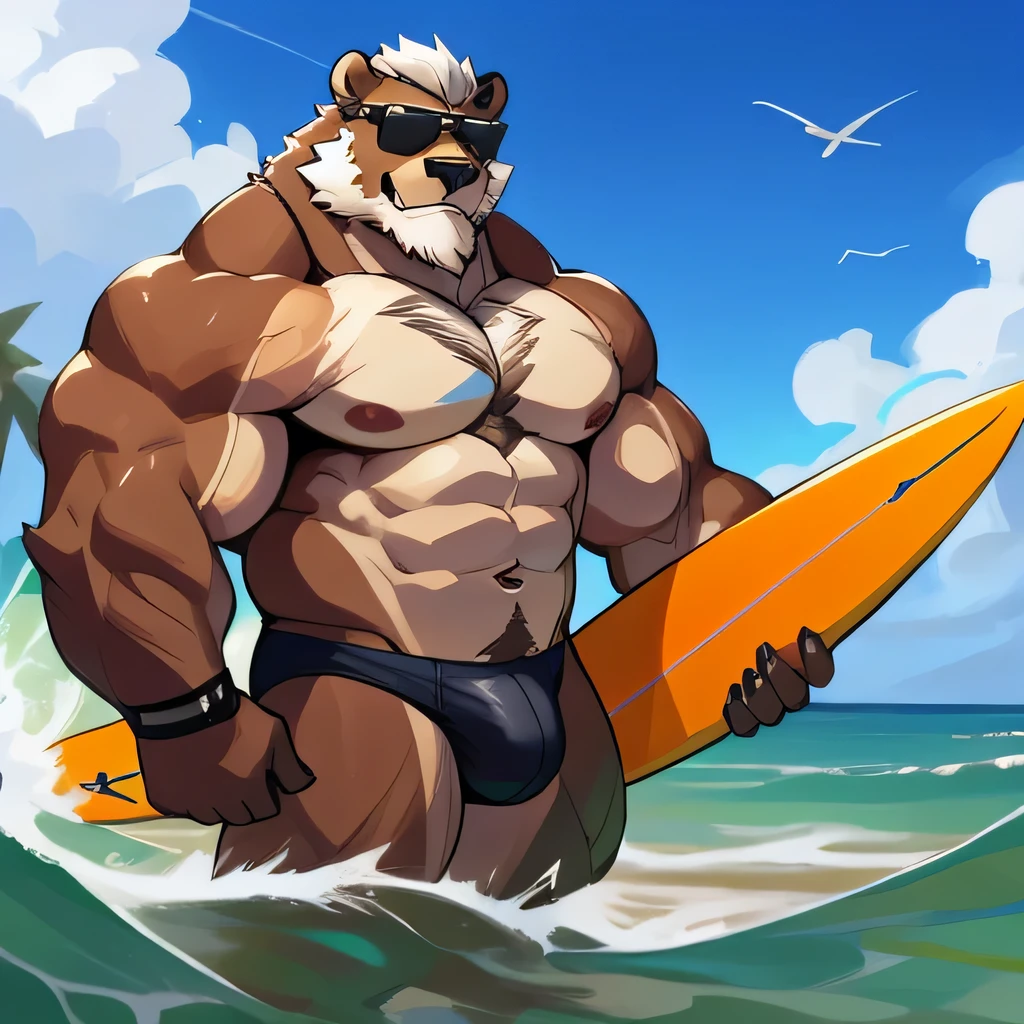 solo, 1boy, Huge Muscular Old Grizzly Bear wearing sunglasses, pectoral, huge pectoral, wide pectoral, short white hair, black competitive briefs short black wristbands and shirtless topless, bearded, Moustache, surf board, background, masterpiece, high detailed, 8k, high resolution, at the ocean, surfing the waves, riding on a surfboard,