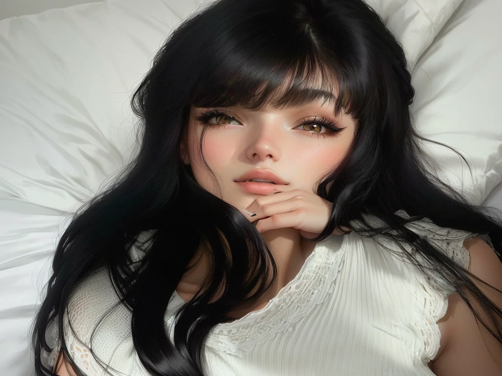Hay una mujer acostada en la cama con una camisa blanca, she has black hair Con flequillo, anastasia ovchinnikova, long black hair Con flequillo, long dark hair Con flequillo, angelablanca, Angelina Stroganova, Dasha Taran, Con flequillo, 18 years, cara perfecta ), bella poarch, julia gorokhova, flequillo largo y recto