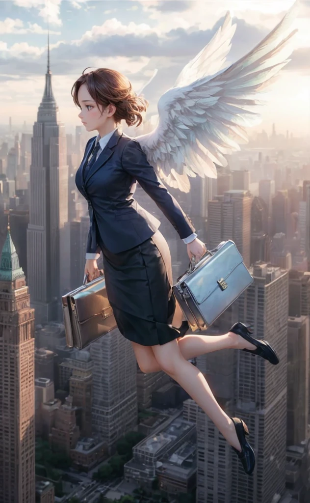 An awe-inspiring, photorealistic 3D render of a stunning female anime angel. She is dressed in a professional business suit and a modest skirt, carrying a metallic briefcase. In a blend of fantasy and urban life, the angel gracefully flies above the iconic New York City skyline. Her wings, a beautiful blend of iridescent feathers, flutter gently behind her. The scene is bathed in a soft, golden light that accentuates the ethereal quality of the angel's presence., anime, 3d render