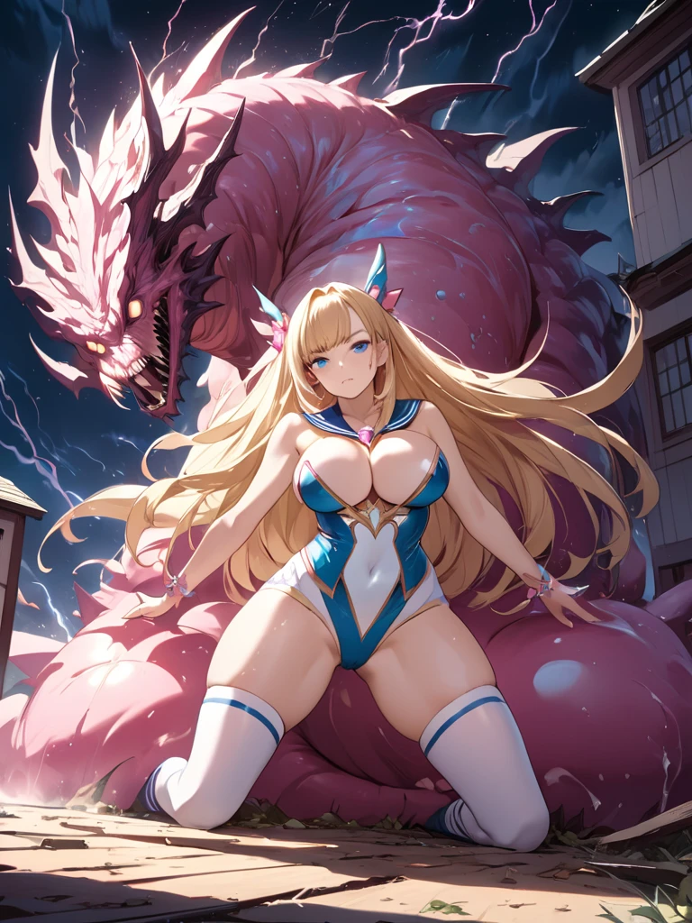 detailed illustration (side view),dynamic angle, ultra-detailed, illustration, clean line art, shading, anime, detailed eyes, detailed face, beautiful face, dramatic lighting, detailed illustration, dynamic angle, ultra-detailed, illustration, sensual face, gorgeous face, tired look on face, annoyed look on face, in front of a rundown building, dead kaiju monster on ground in background,

Magic Girl, woman in her late 30’s, milf, milf in a magic girl costume, pastel pink dress, thick, blue eyes, blonde hair, pear shaped body, big ass, perky but somewhat sagging breasts, magical sailor girl costume, clothes too small, magical effects, magical sparkling, wide hips, leotard, short skirt, thigh high socks, arm stockings, thunder thighs, bottom heavy body, covered in slime, fighting scary monster.