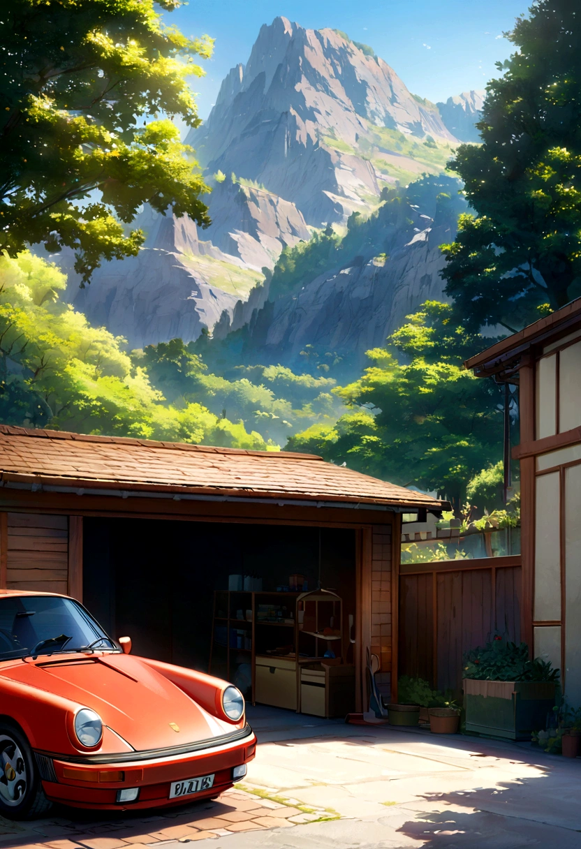 Create an anime-style image of a Porsche 911 parked inside a clean garage, viewed from one of the back corners. Both garage doors are open, revealing the exterior. On the left side of the garage, a large, detailed tree can be seen from inside. In the distance, depict a picturesque valley and mountains. One wall of the garage should have various tools hanging neatly. Use vibrant colors and detailed shading characteristic of anime art to bring the scene to life.